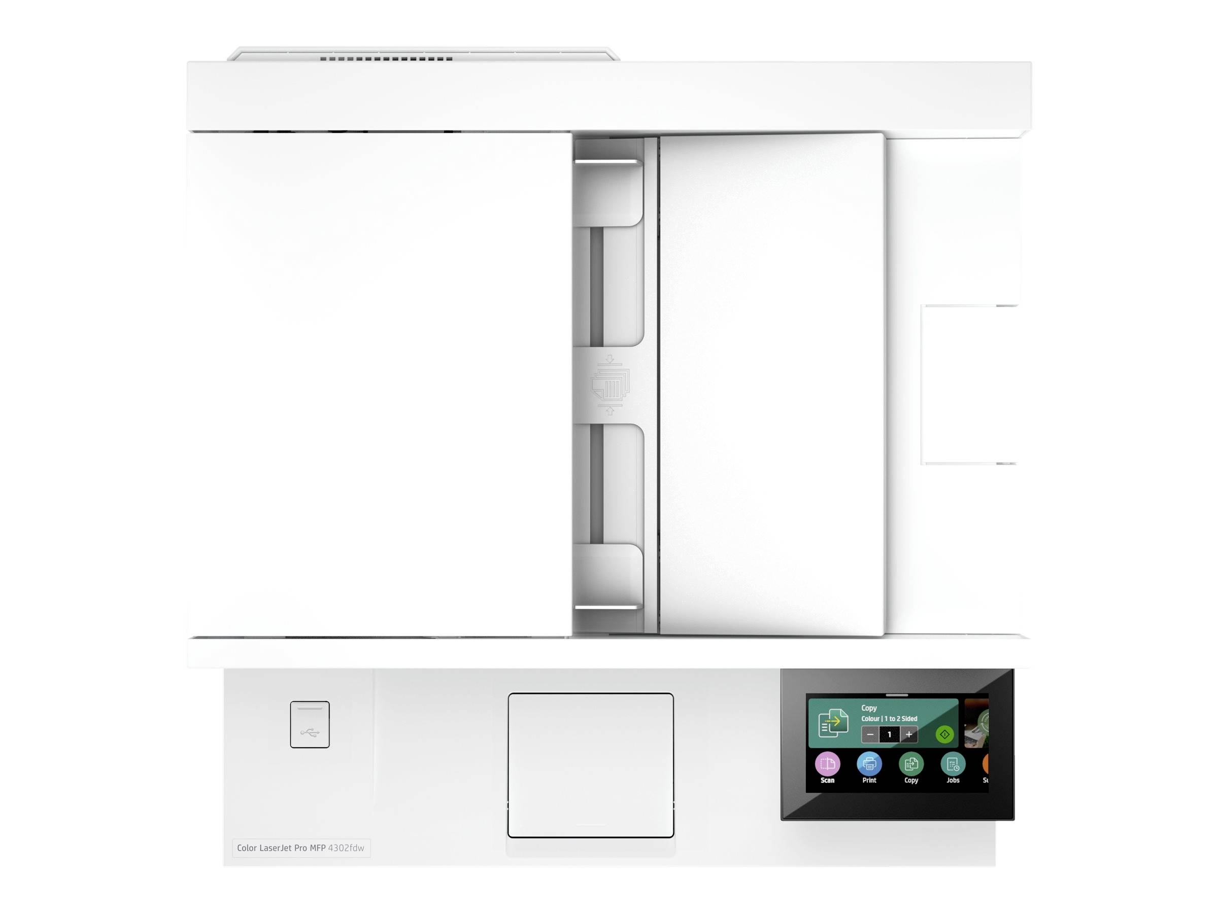 Une imprimante blanche avec un écran numérique sur lequel sont affichés divers symboles colorés. L'imprimante présente une surface lisse et moderne.