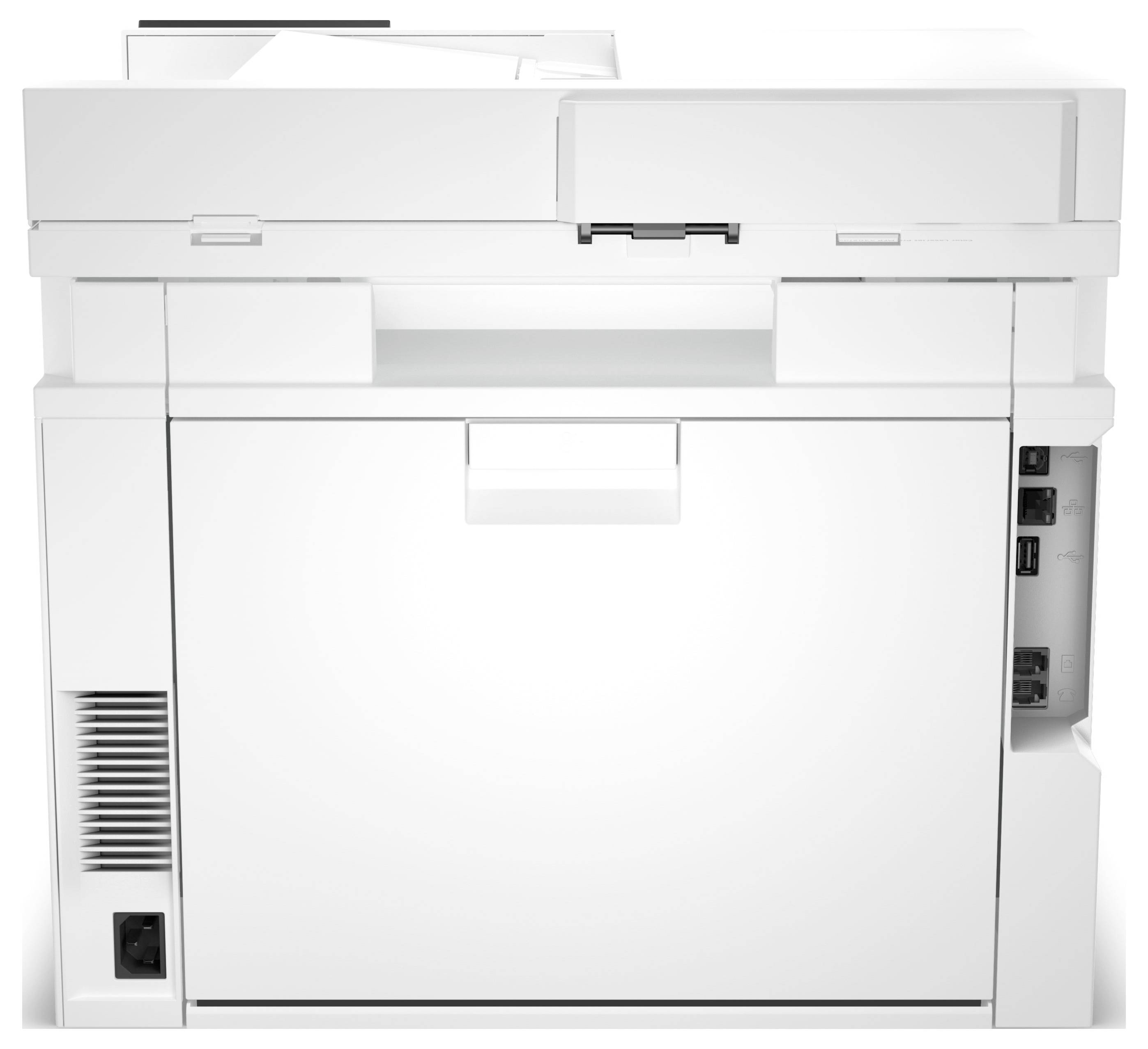 Imprimante multifonction blanche tout-en-un avec bac à papier frontal et panneau de contrôle latéral, présentée de face sur un fond neutre.