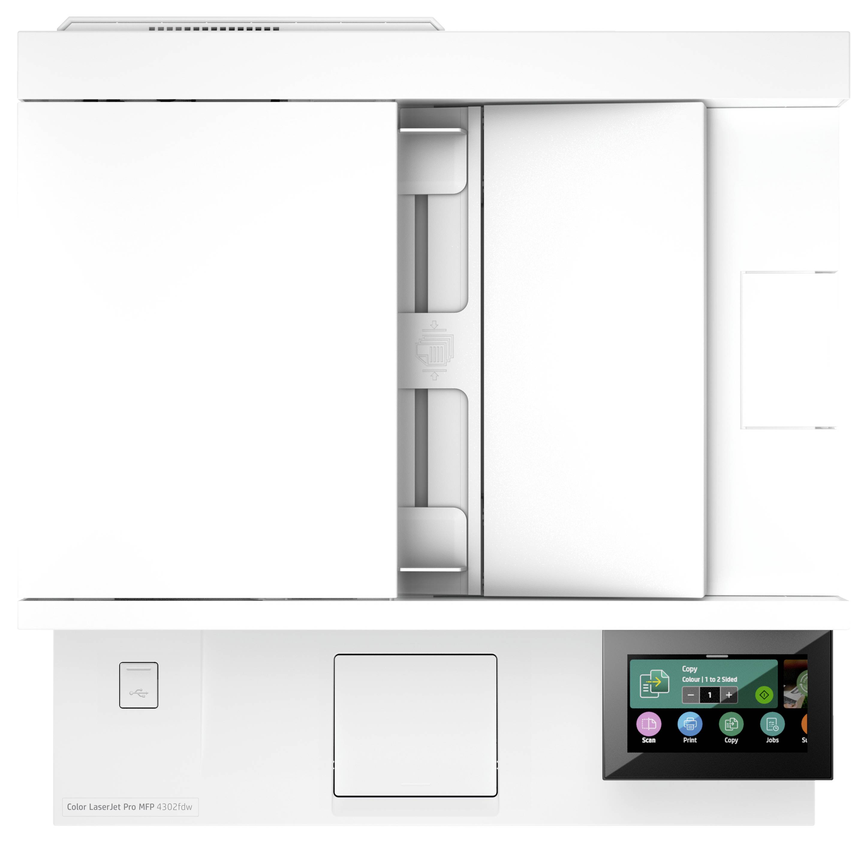 Imprimante laser multifonction blanche avec bac à papier frontal et panneau de commande avec écran tactile couleur