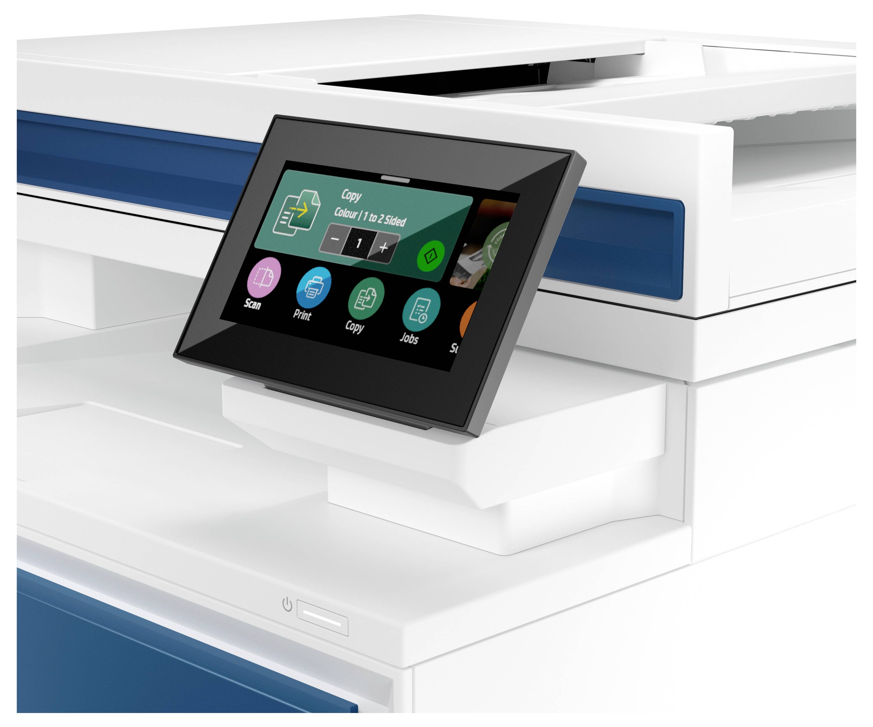 Gros plan d'une imprimante multifonction avec un panneau de contrôle à écran tactile incliné affichant les options de copie et les icônes pour numériser, imprimer, copier et les travaux.