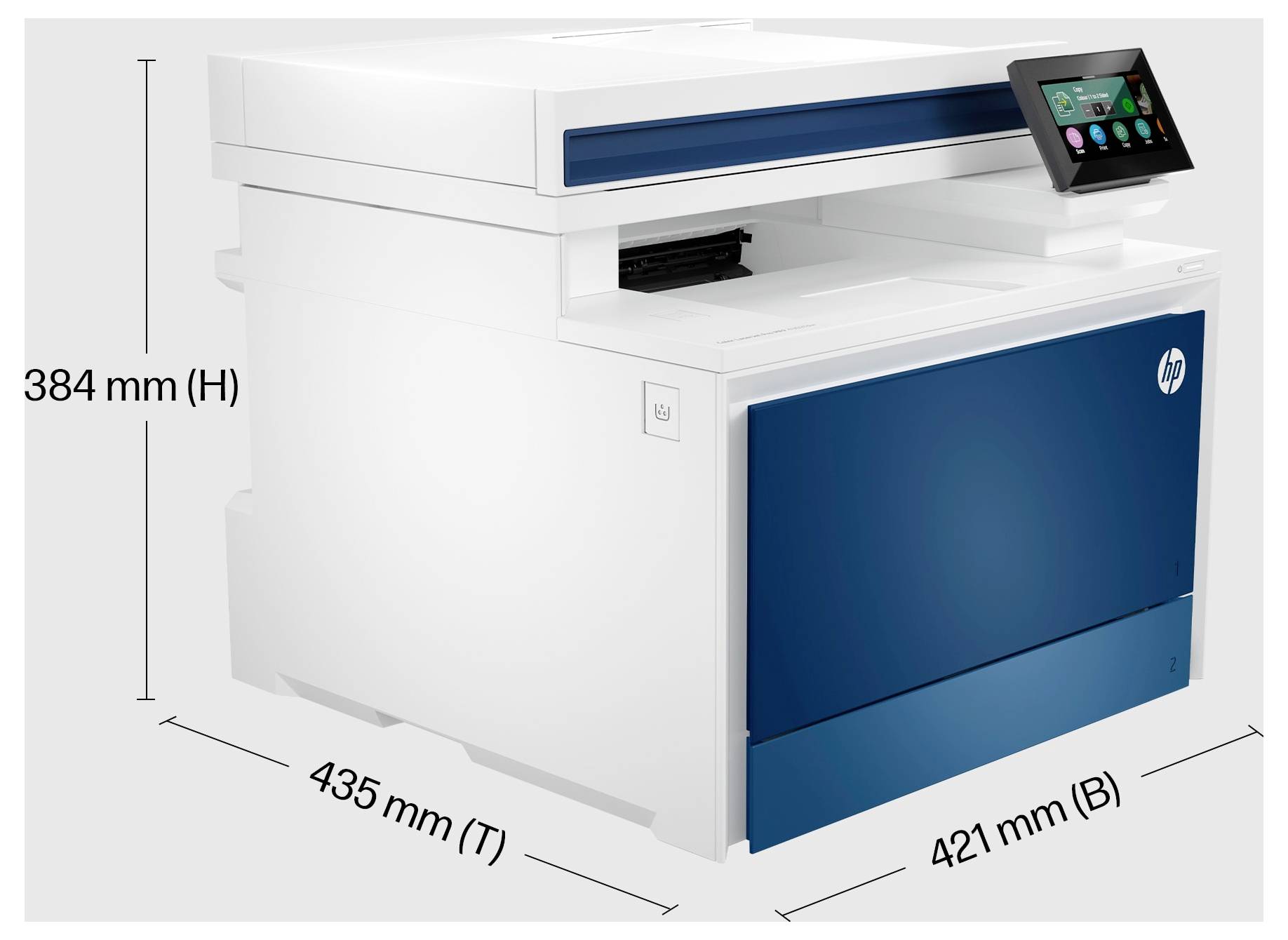 Image de produit 3D d'une imprimante HP avec les dimensions étiquetées : 384 mm de hauteur, 435 mm de profondeur et 421 mm de largeur.