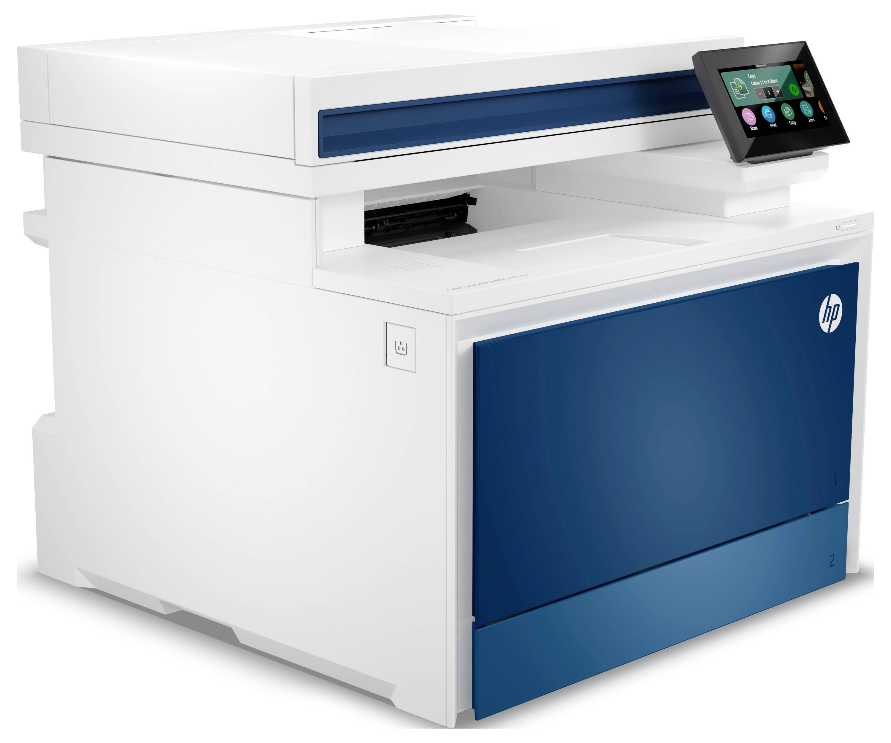 Imprimante multifonction HP blanche avec panneau avant bleu et écran tactile de commande en haut à droite.