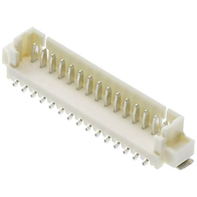 Un connecteur électrique blanc rectangulaire avec plusieurs broches métalliques sur deux côtés, utilisé pour les connexions électroniques.