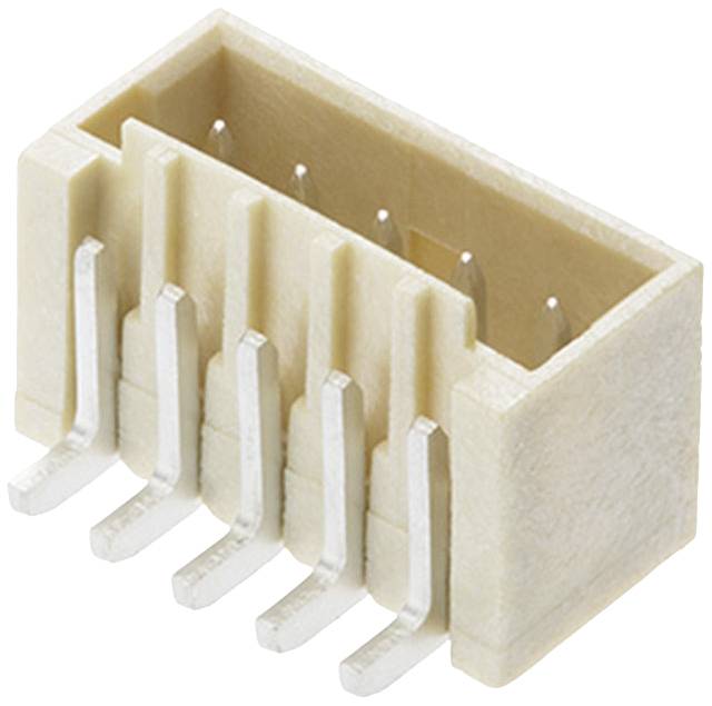 Un connecteur beige avec six broches métalliques est représenté. Ce composant est destiné à des applications électroniques.