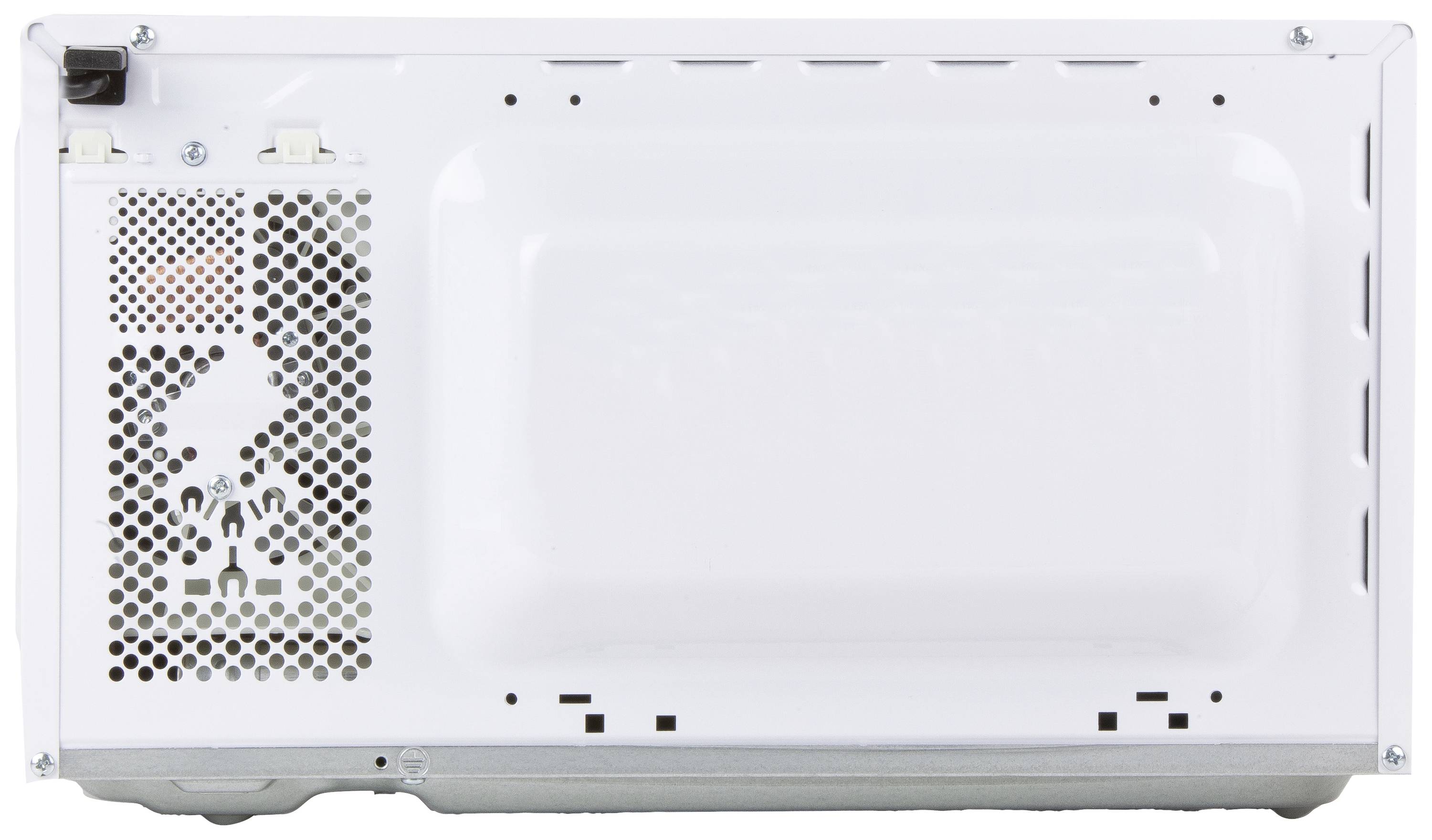 Arrière d'un four à micro-ondes blanc avec grille de ventilation et ouvertures d'aération, montrant les connexions techniques et la structure.