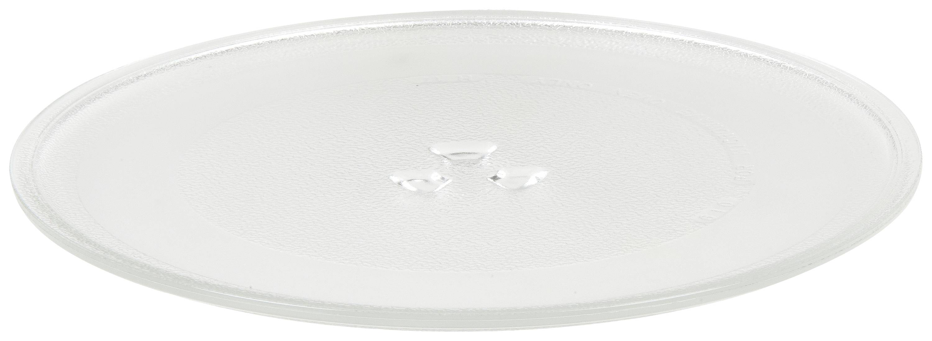 Assiette en verre simple, ronde, avec un bord légèrement surélevé et trois petites gouttes d'eau au centre.