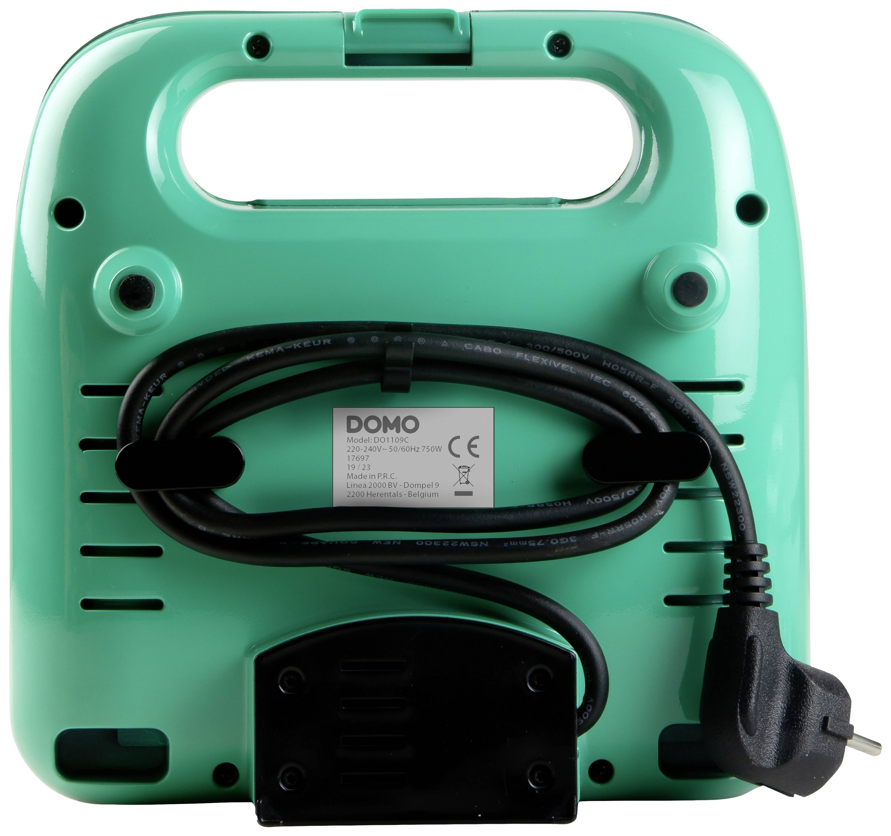 Dos d'un appareil électrique vert avec un enroulement de câble et une prise, l'étiquette de marque 'DOMO' visible, une poignée de transport en haut.