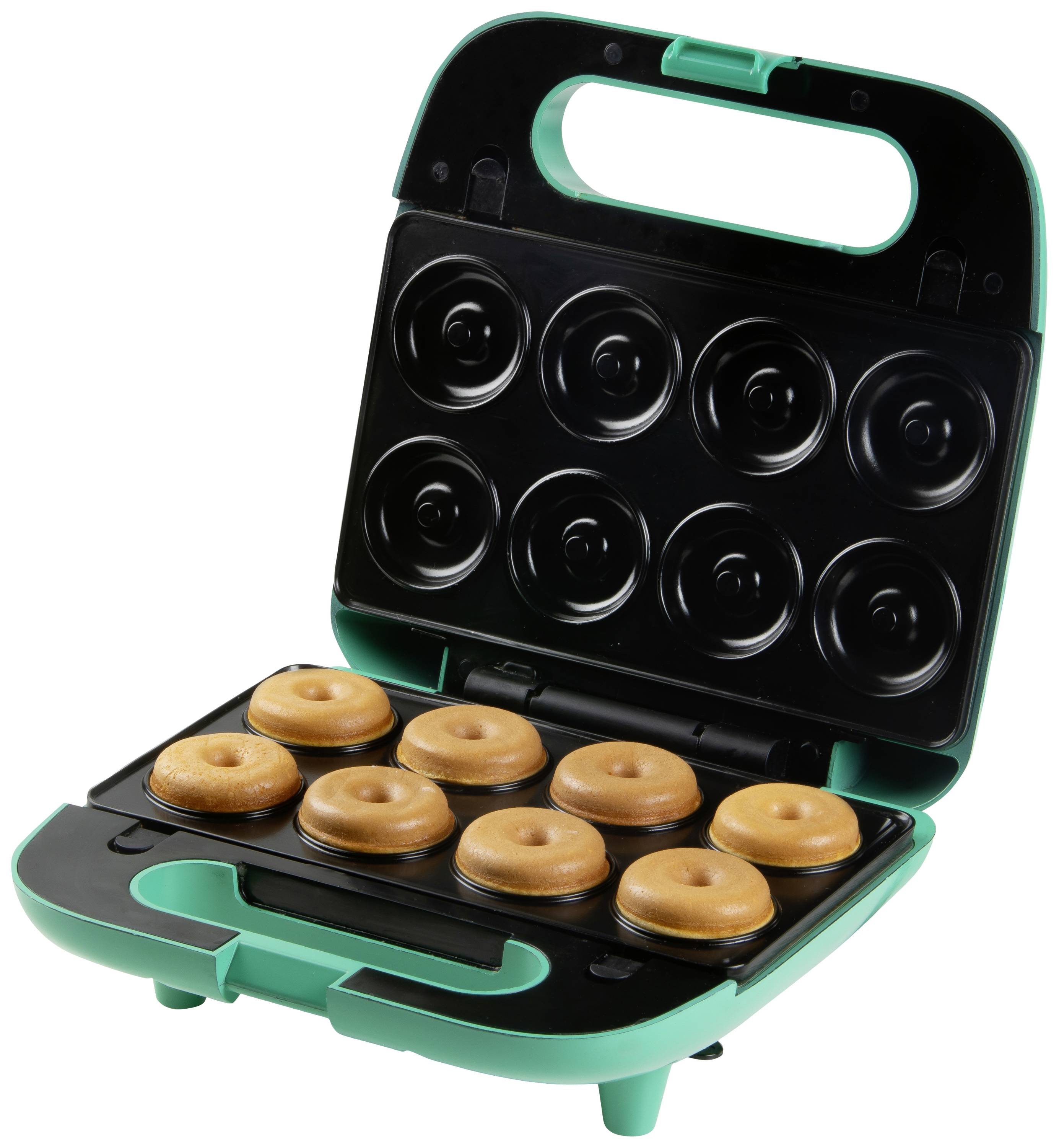 Un fabricant de donuts vert avec le couvercle ouvert présente huit petits donuts dorés dans le moule à pâtisserie.