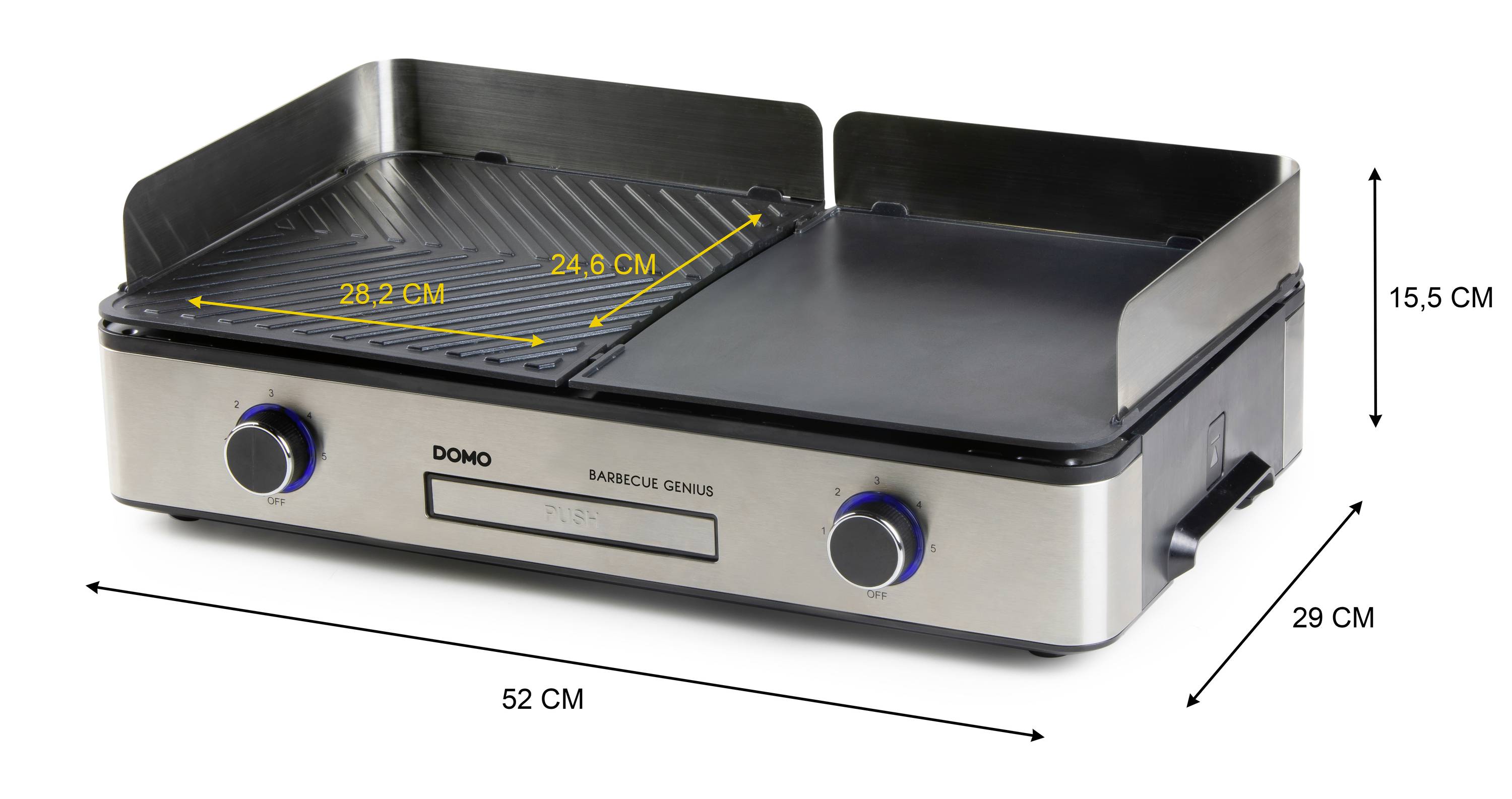 Grill de table électrique avec deux plaques de grill de différentes tailles, deux boutons rotatifs pour le réglage de la température. Dimensions : 52x29x15,5 cm.