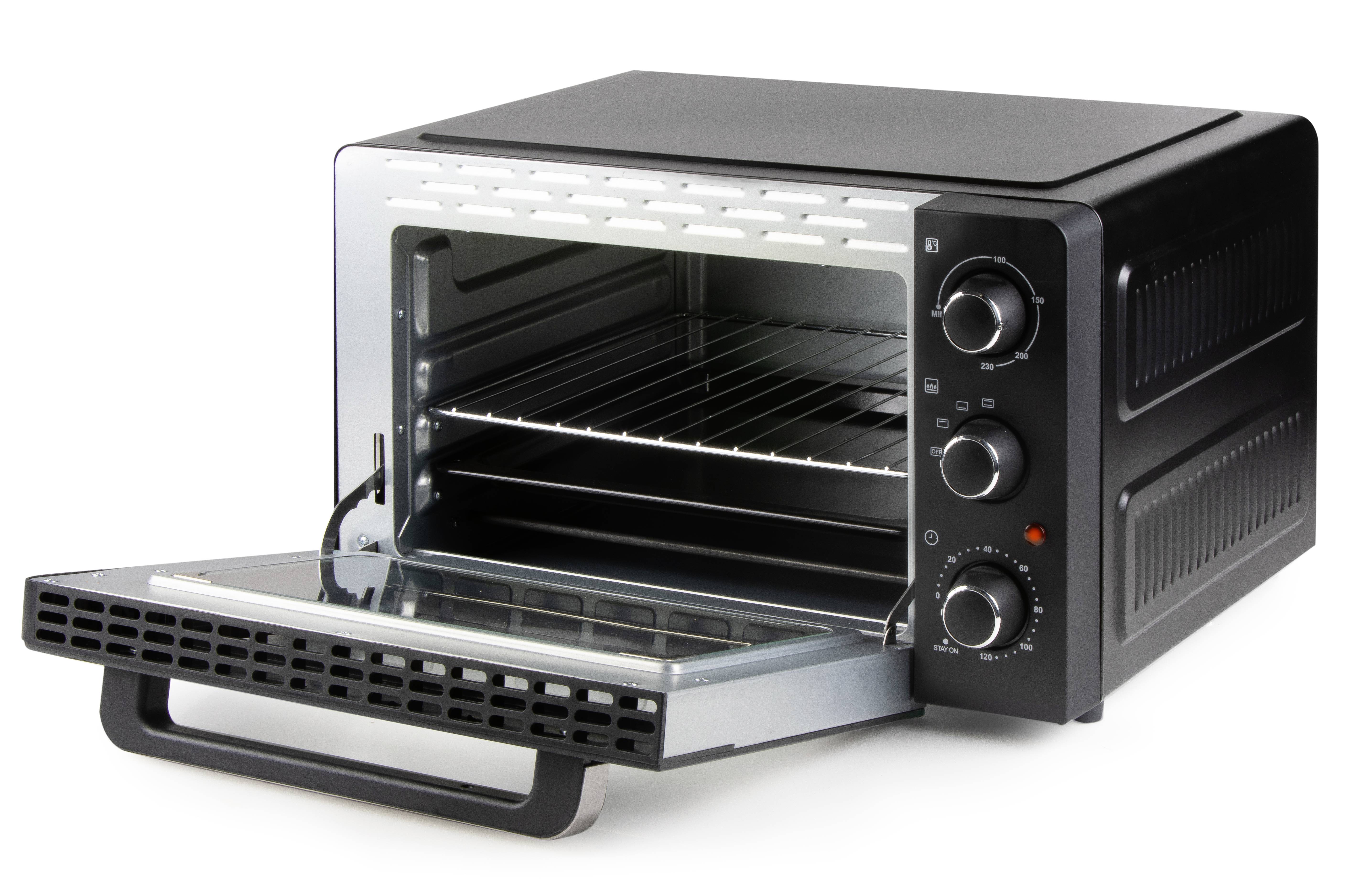 Un grille-pain noir avec la porte ouverte, montrant des clayettes et des commandes sur le côté pour le réglage de la température et la minuterie.