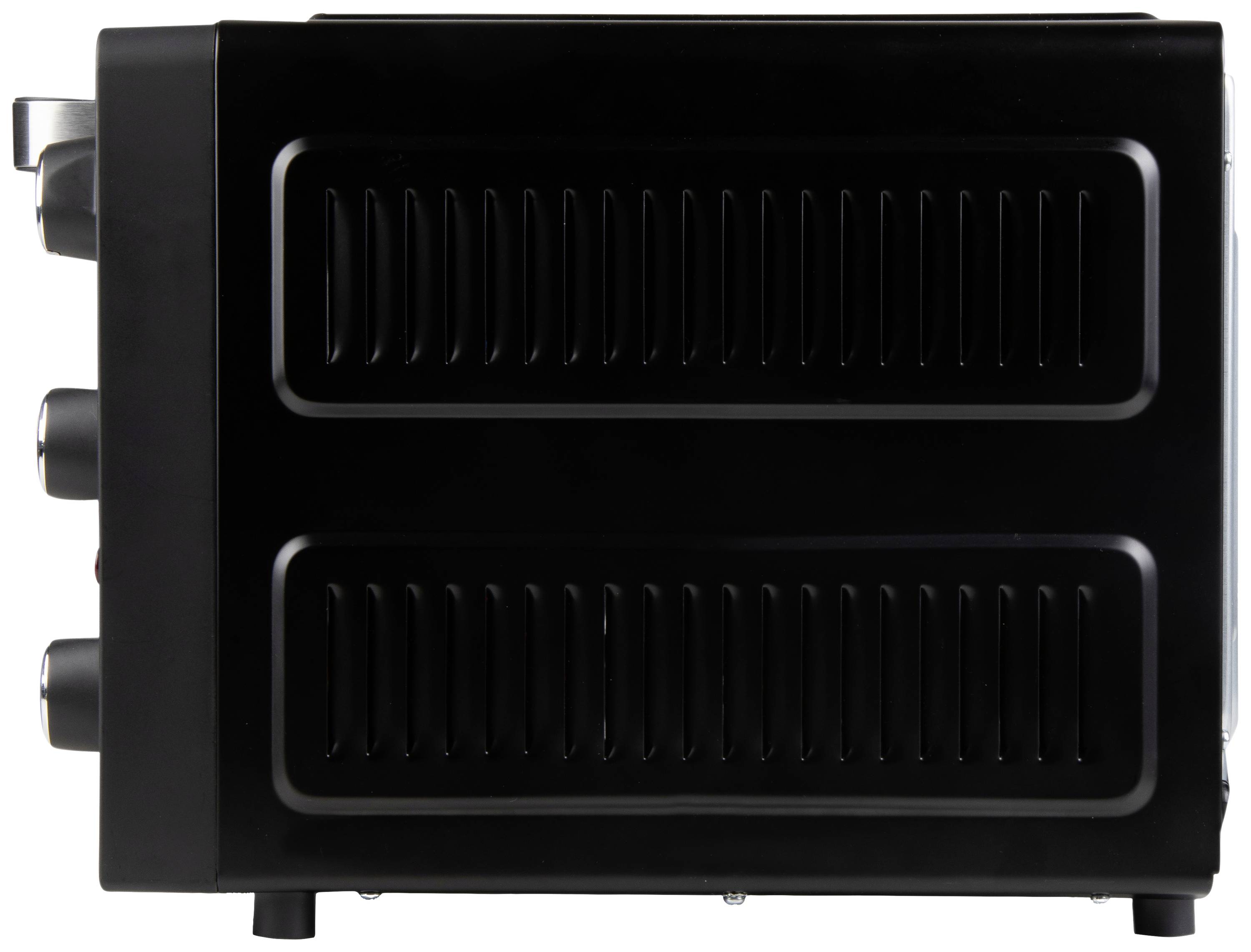 Un grille-pain noir, vu de côté, montre des fentes de ventilation et trois boutons de commande à gauche.