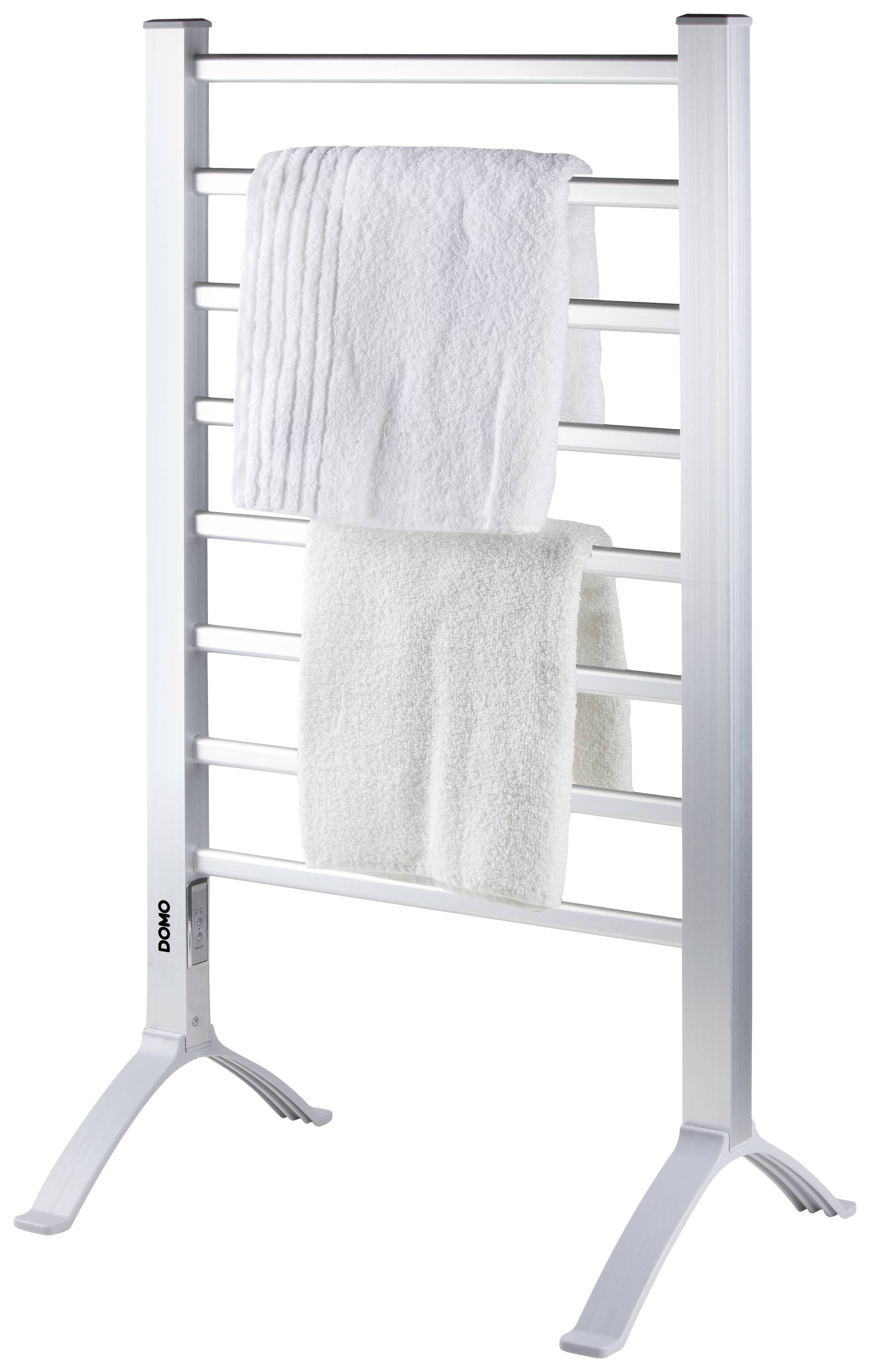 Un sèche-serviettes électrique indépendant avec plusieurs barres. Deux serviettes, l'une blanche et l'autre crème, y sont suspendues.
