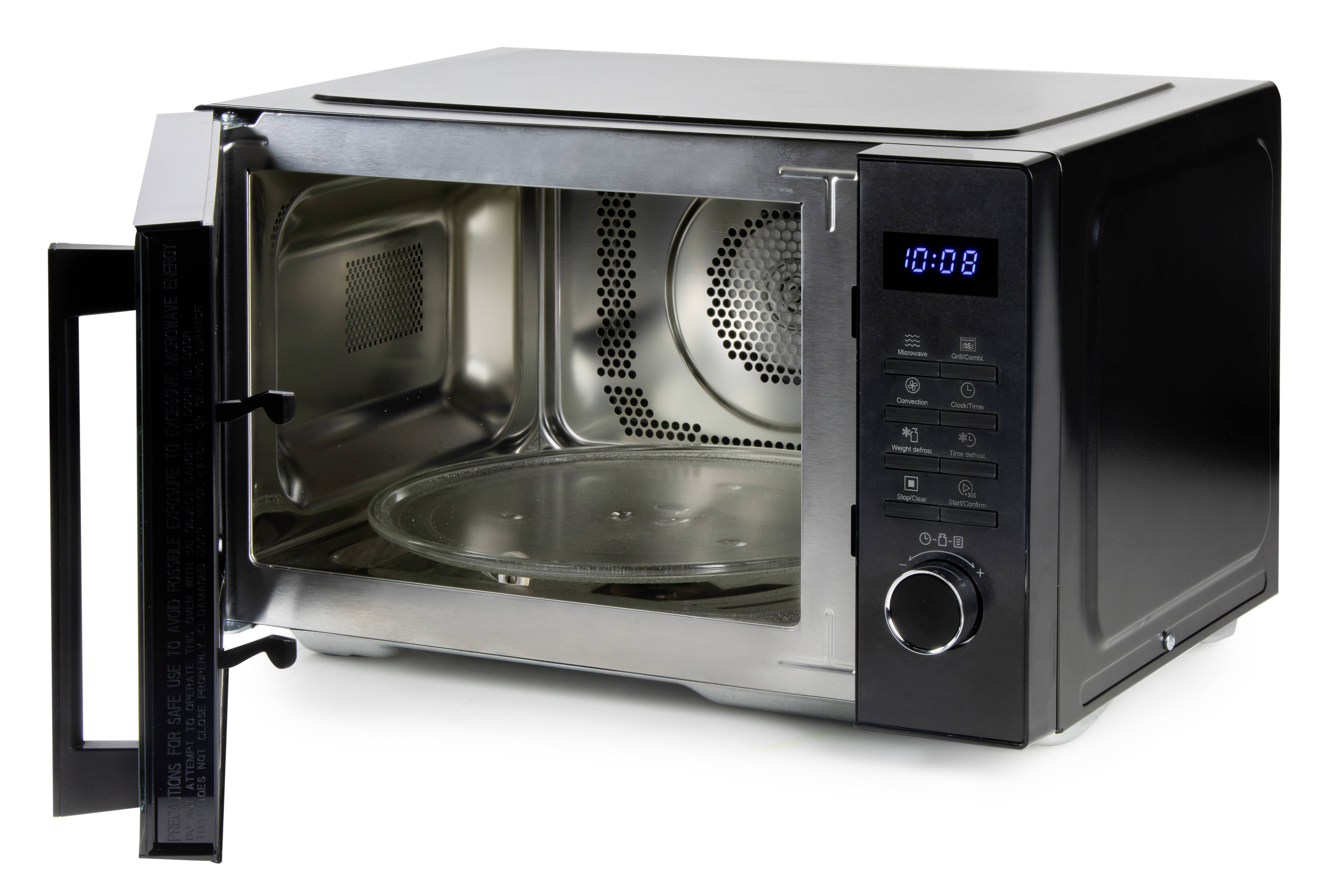Four micro-ondes avec la porte ouverte et un affichage numérique indiquant '10:08'. Intérieur argenté avec plateau en verre visible.