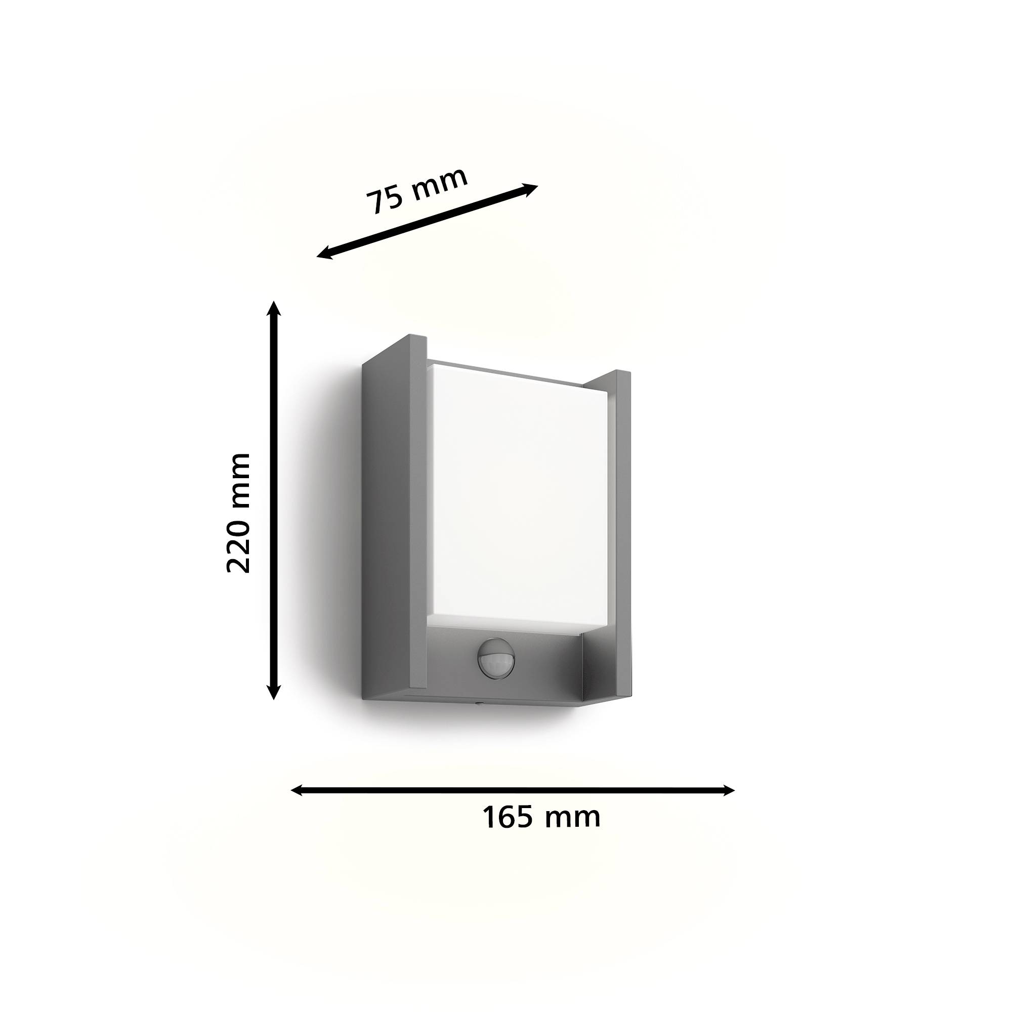 'Luminaire extérieur avec détecteur de mouvement, rectangulaire, boîtier gris. Dimensions : 220 mm de hauteur, 165 mm de largeur, 75 mm de profondeur.'