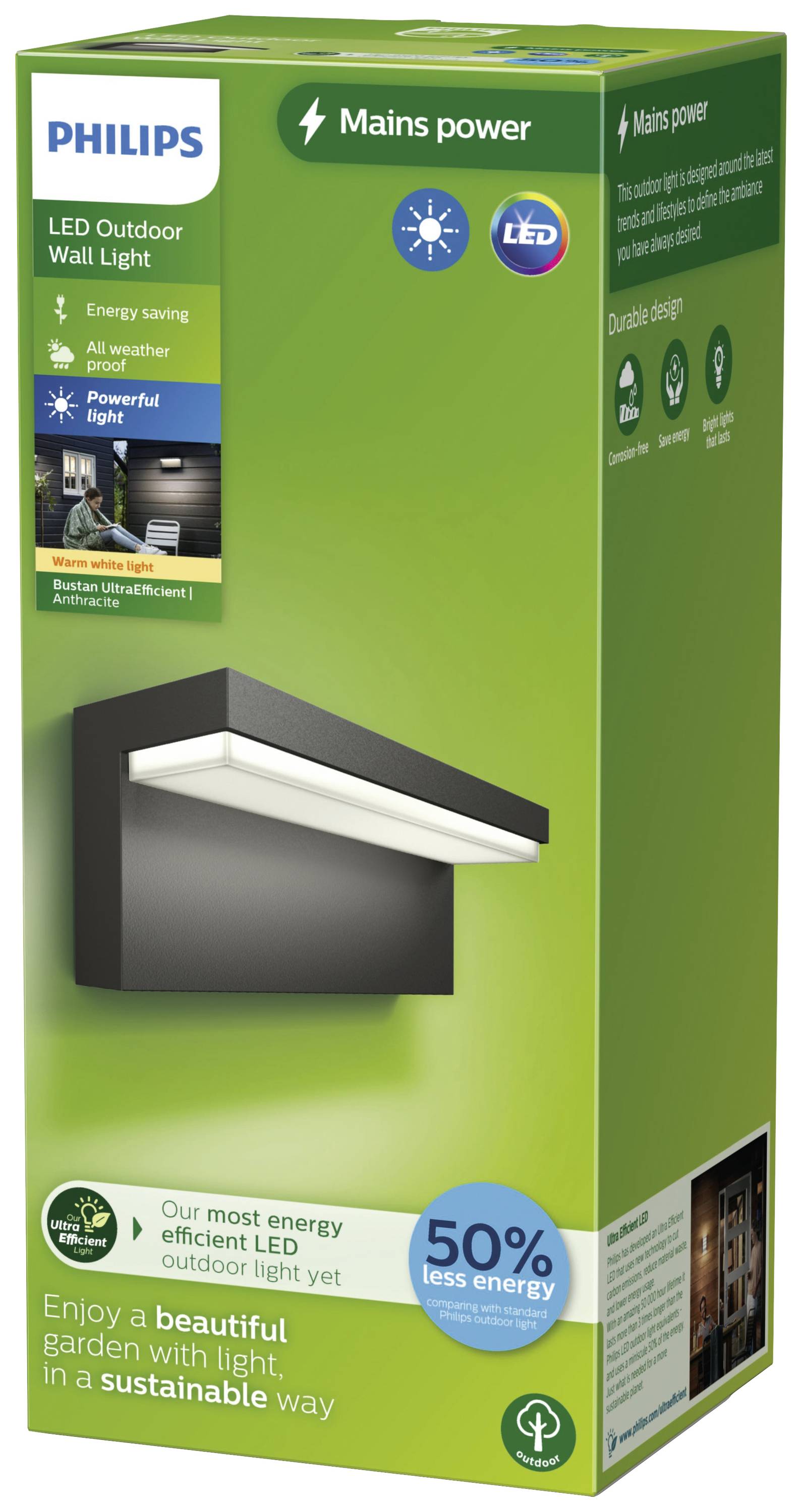 Applique murale LED Philips : économe en énergie, durable, pour un éclairage extérieur écologique. Économise 50% d'énergie par rapport aux luminaires traditionnels.