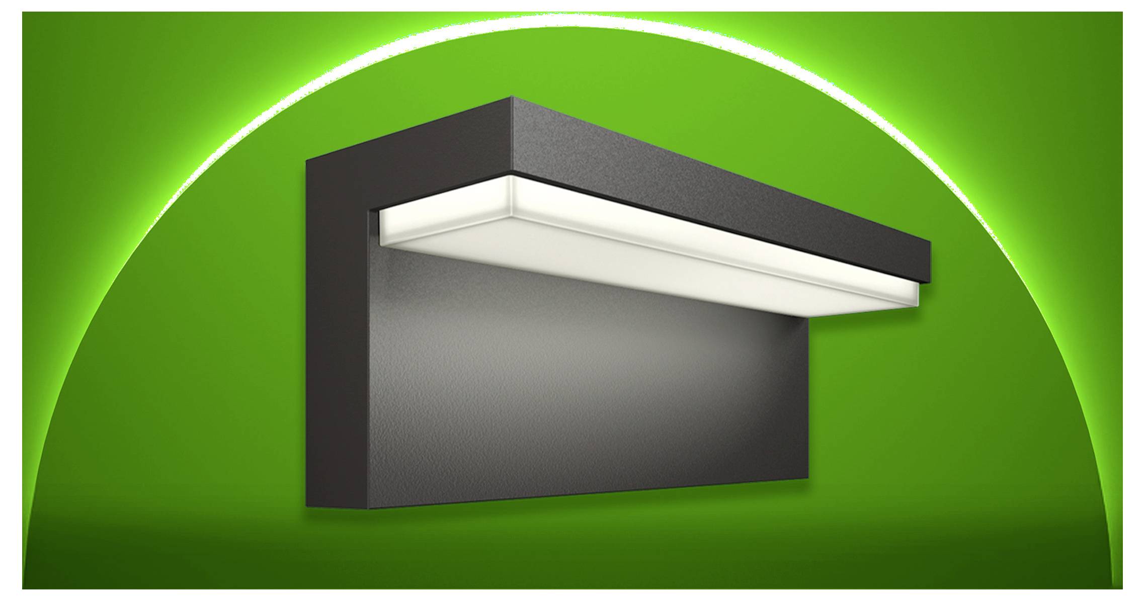 Rendu 3D d'un luminaire rectangulaire fixé au mur avec un dessous blanc luminescent sur un fond vert avec un arc courbe.