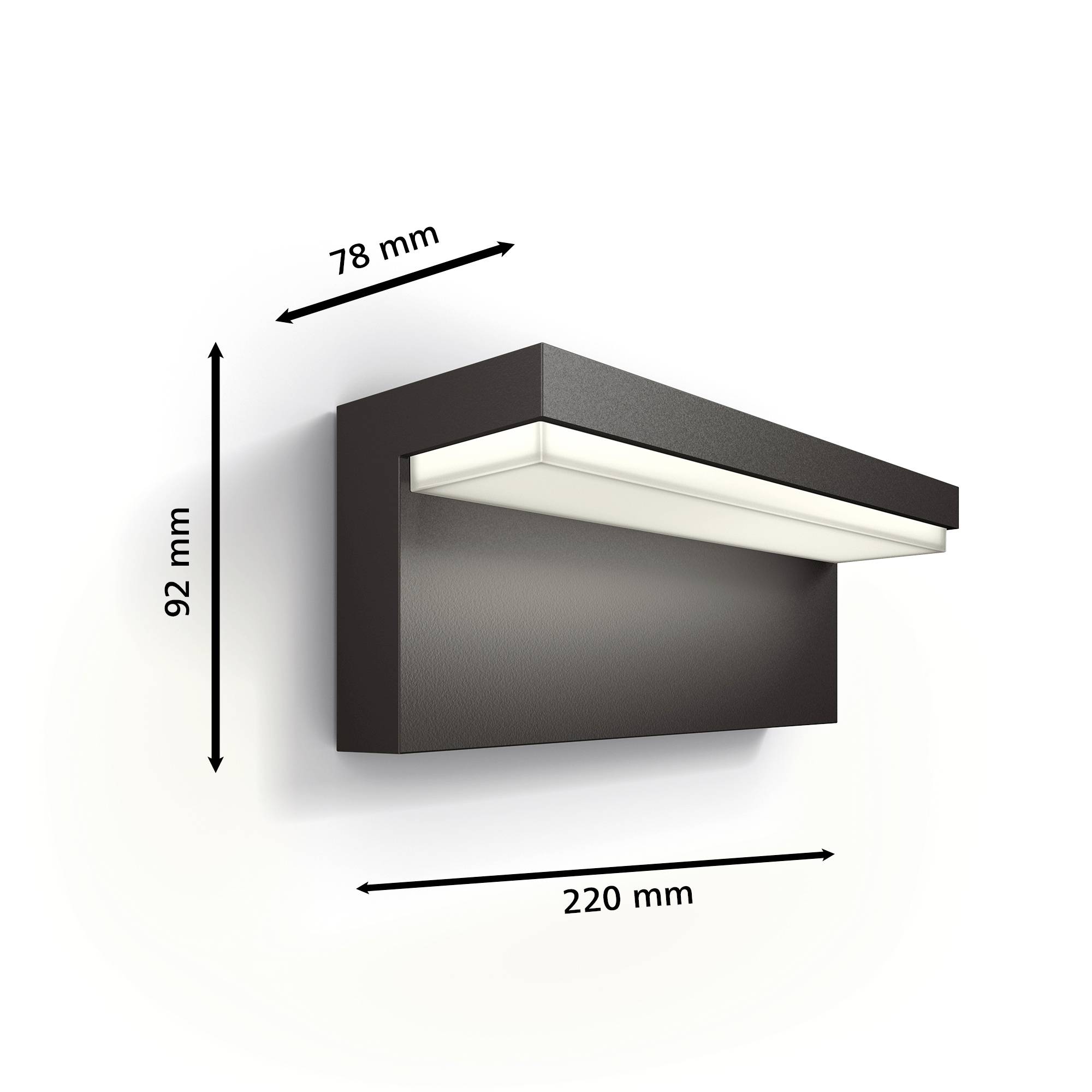 Applique murale au design rectangulaire. Dimensions : largeur 220 mm, hauteur 92 mm, profondeur 78 mm. Bande LED située sous l'appareil.