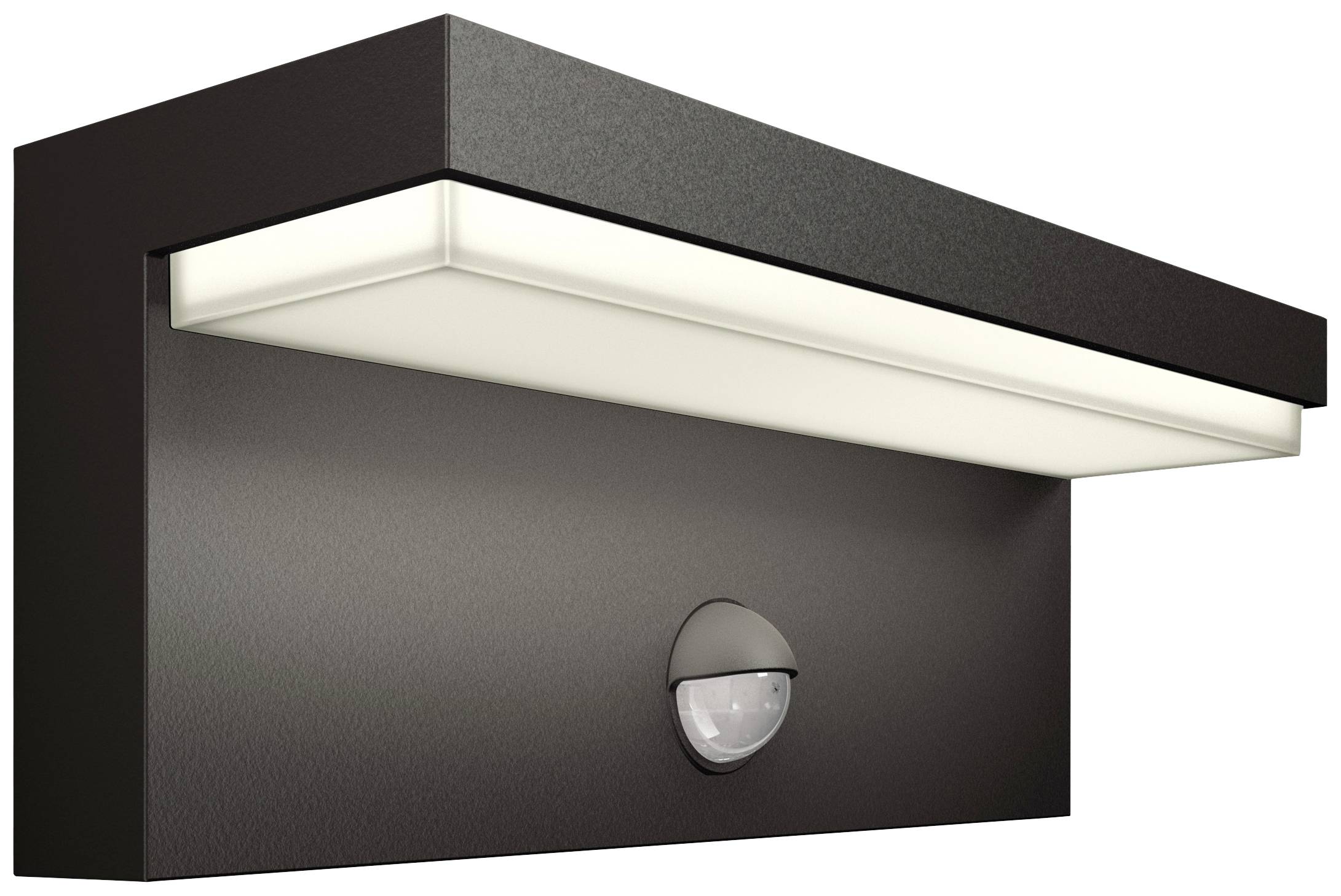 Un luminaire mural moderne avec capteur au design rectangulaire ; noir avec un diffuseur blanc ; adapté à une utilisation extérieure.