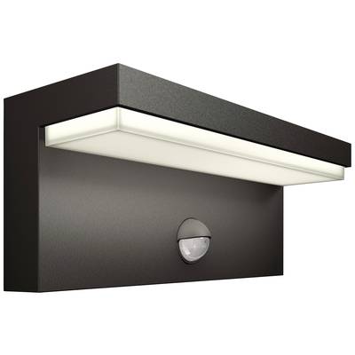 Un luminaire mural moderne avec capteur au design rectangulaire ; noir avec un diffuseur blanc ; adapté à une utilisation extérieure.