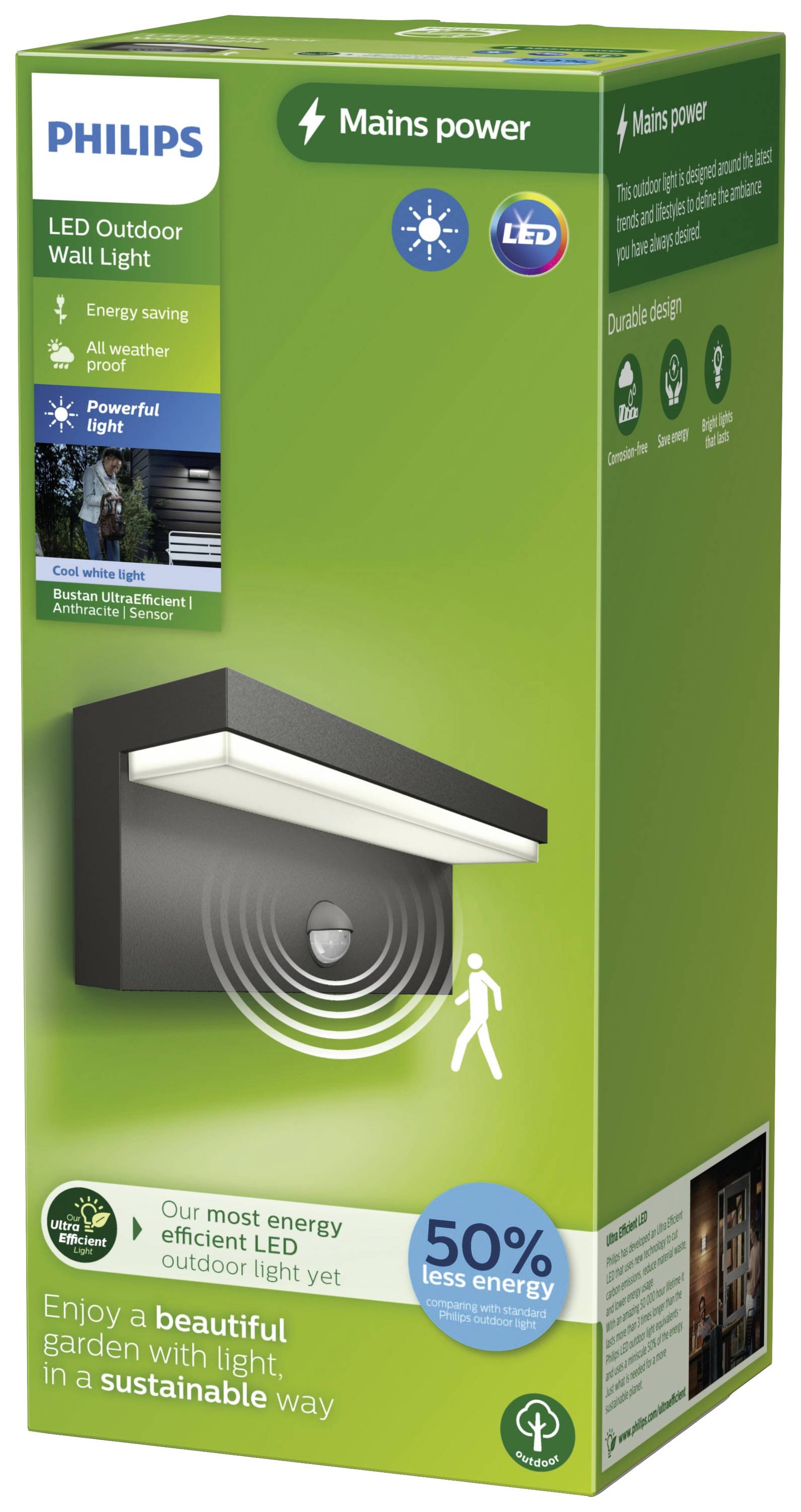 'Applique murale extérieure LED Philips : éco-énergétique, 50% de consommation d'énergie en moins, design durable, éclairage puissant.'