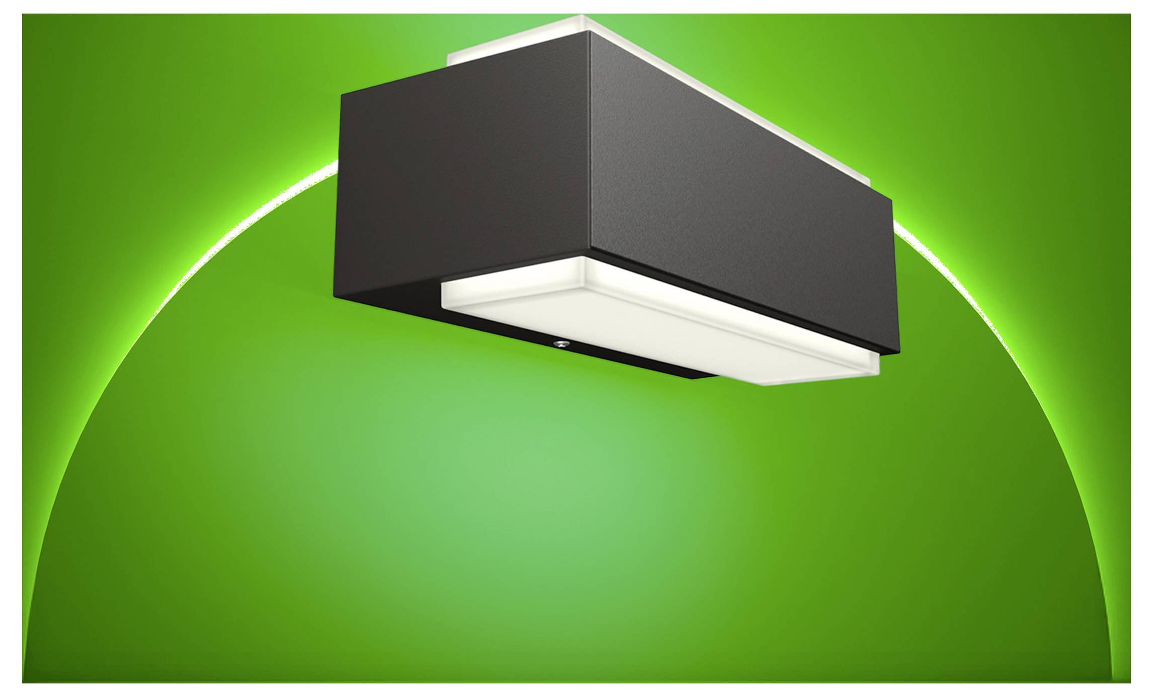 Applique murale rectangulaire noire moderne avec un dessous blanc luminescent sur un fond vert vif, présentée sous forme d'illustration de style produit.