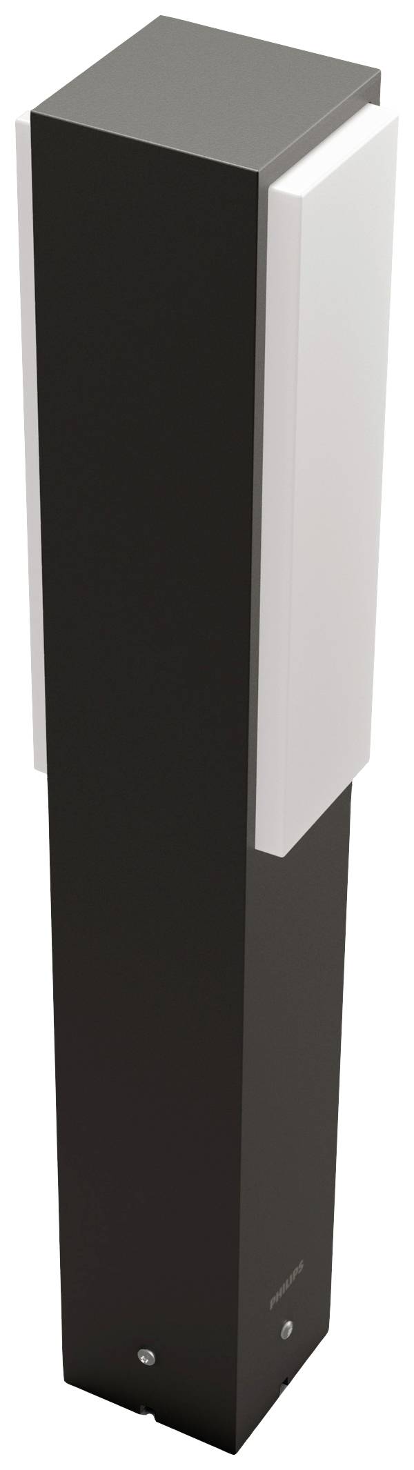 Borne d'éclairage extérieure rectangulaire noire avec diffuseur blanc sur le dessus.