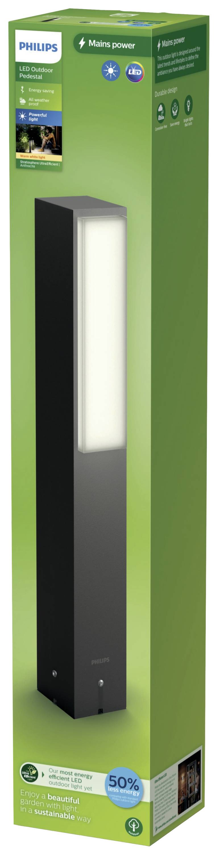 L'emballage présente un luminaire à LED Philips avec un design moderne et élégant. Il est économe en énergie et adapté à une utilisation extérieure.