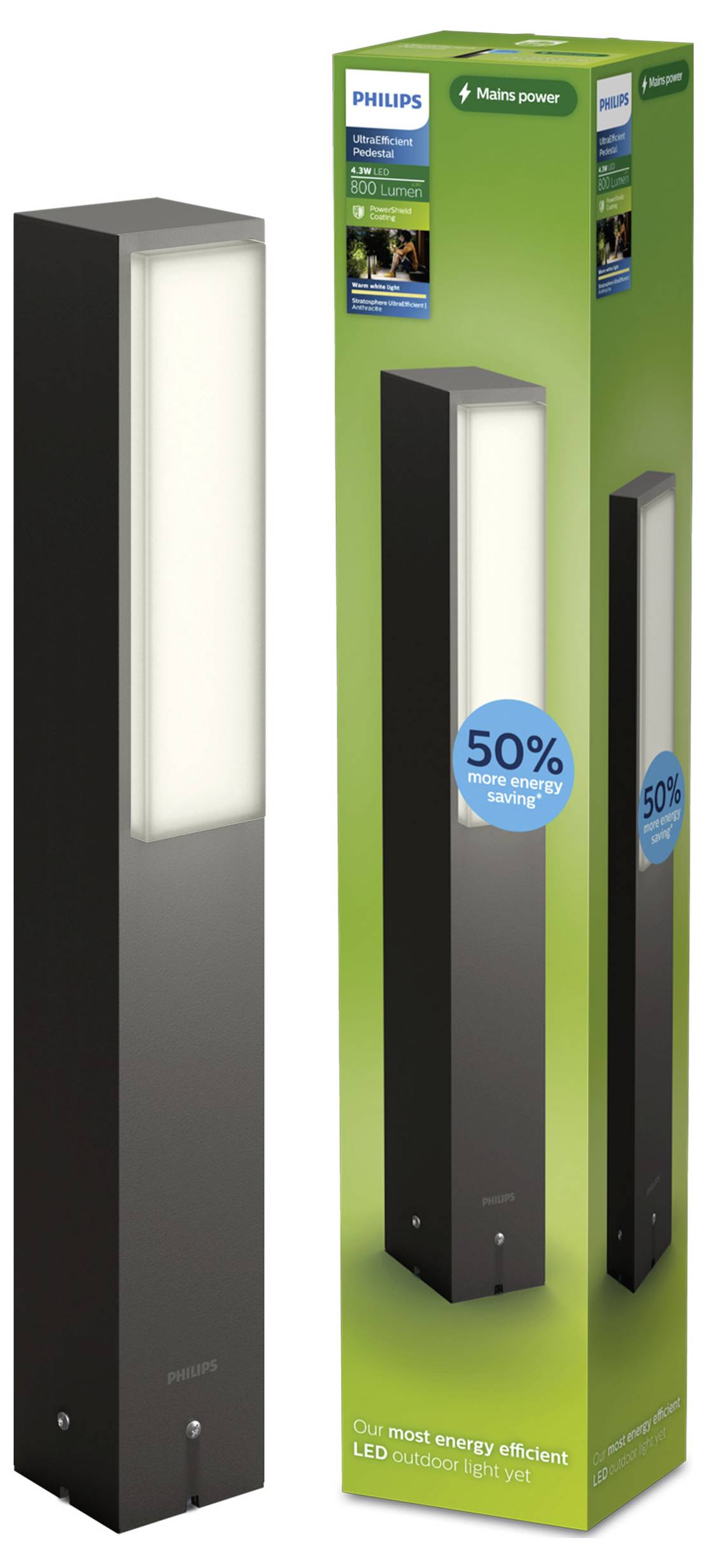 Image produit d'un luminaire mural d'extérieur Philips LED dans un boîtier rectangulaire noir, présenté à côté de sa boîte de vente au détail verte avec un badge « 50 % d'économies d'énergie supplémentaires ».