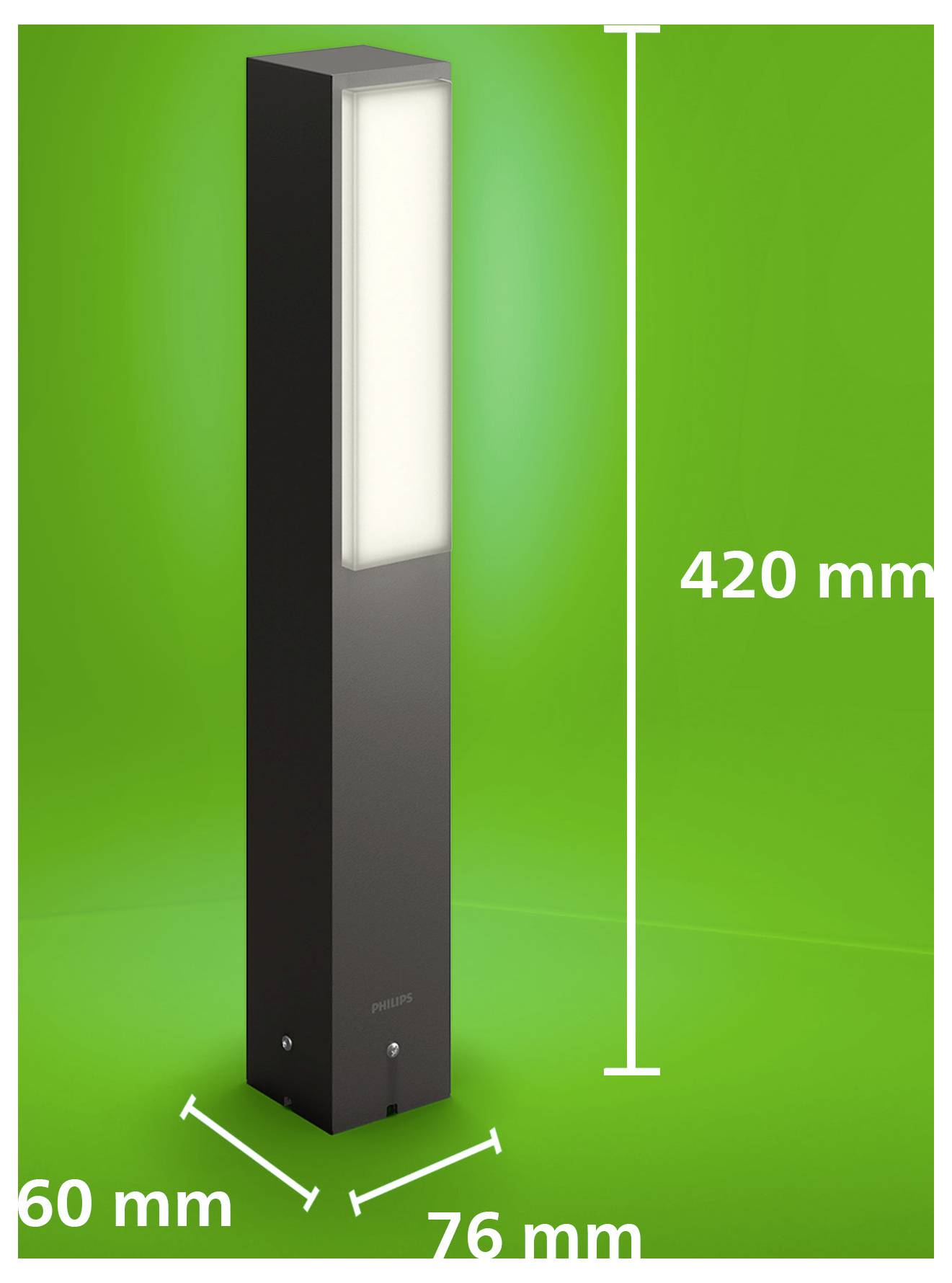 Luminaire extérieur rectangulaire haut présenté sur un fond vert, étiqueté 420 mm de hauteur et 76 mm par 60 mm à la base.