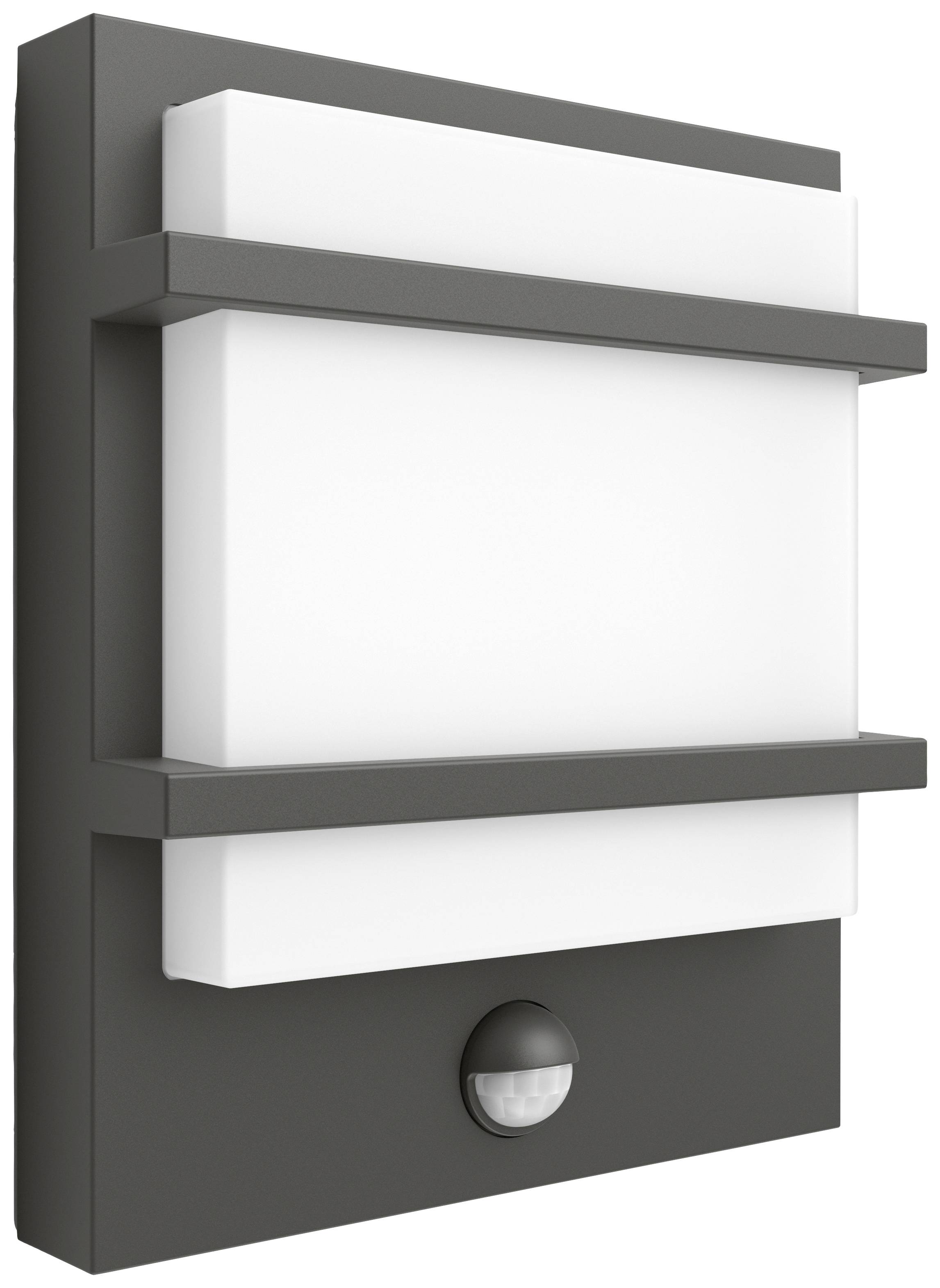 Applique murale extérieure rectangulaire noire avec capteur de mouvement intégré et diffuseur lumineux blanc situé entre deux supports horizontaux.