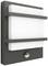 Applique murale extérieure rectangulaire noire avec capteur de mouvement intégré et diffuseur lumineux blanc situé entre deux supports horizontaux.