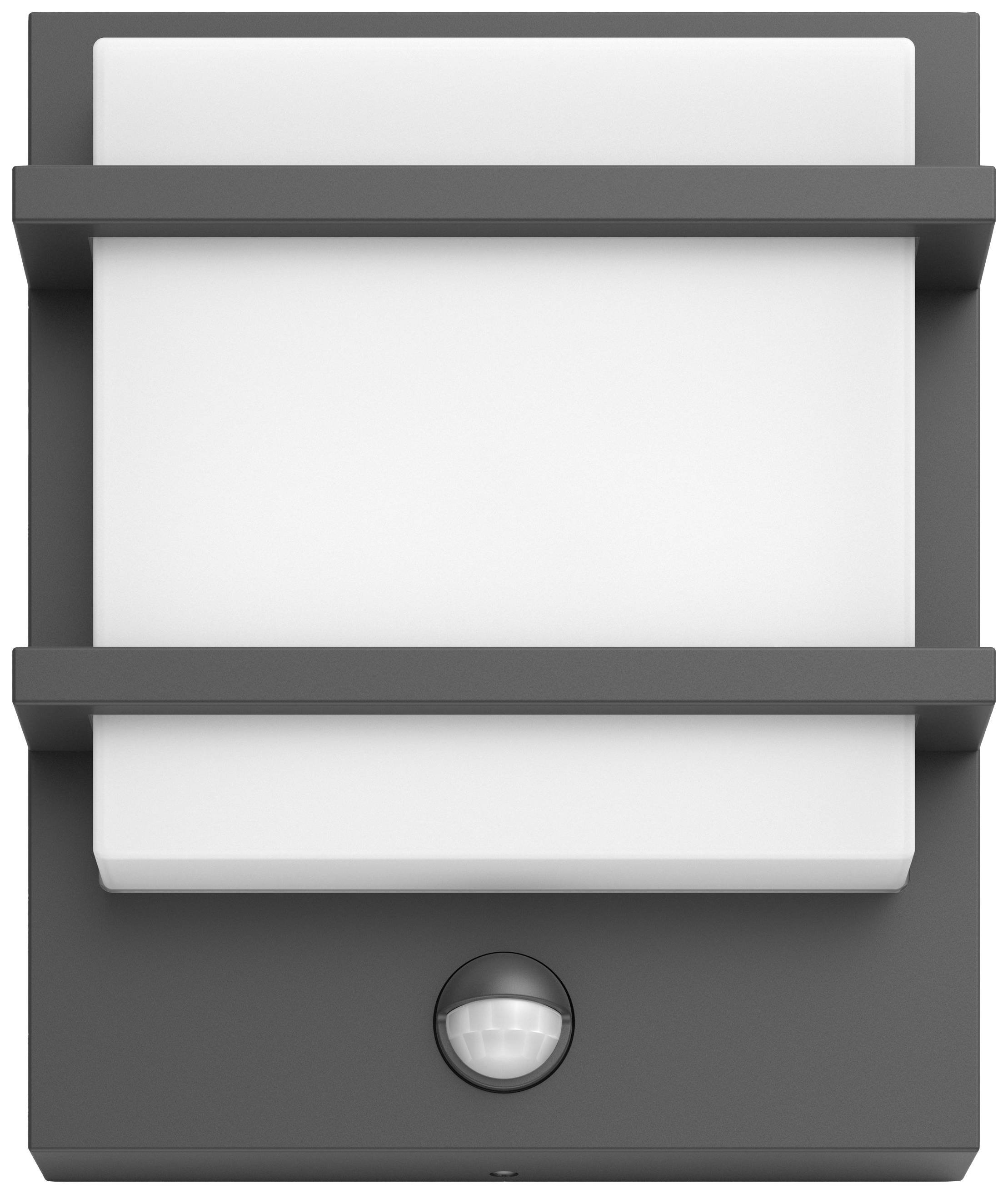 Applique murale au design rectangulaire, avec cadre gris et détecteur de mouvement intégré. Adaptée aux murs extérieurs.