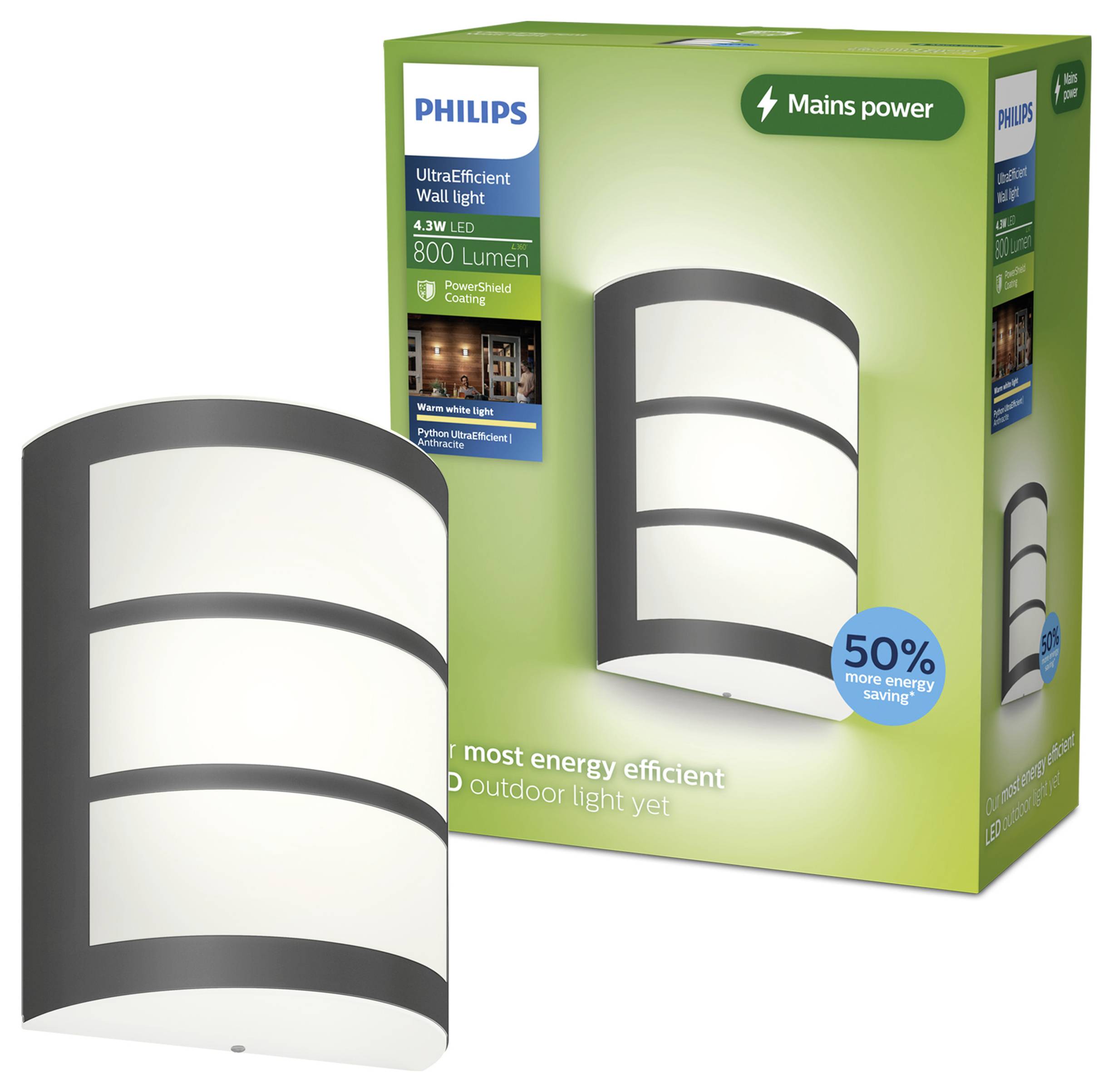 Emballage de la lampe murale alimentée par le réseau Philips UltraEfficient et le luminaire mural extérieur blanc et gris présenté devant.
