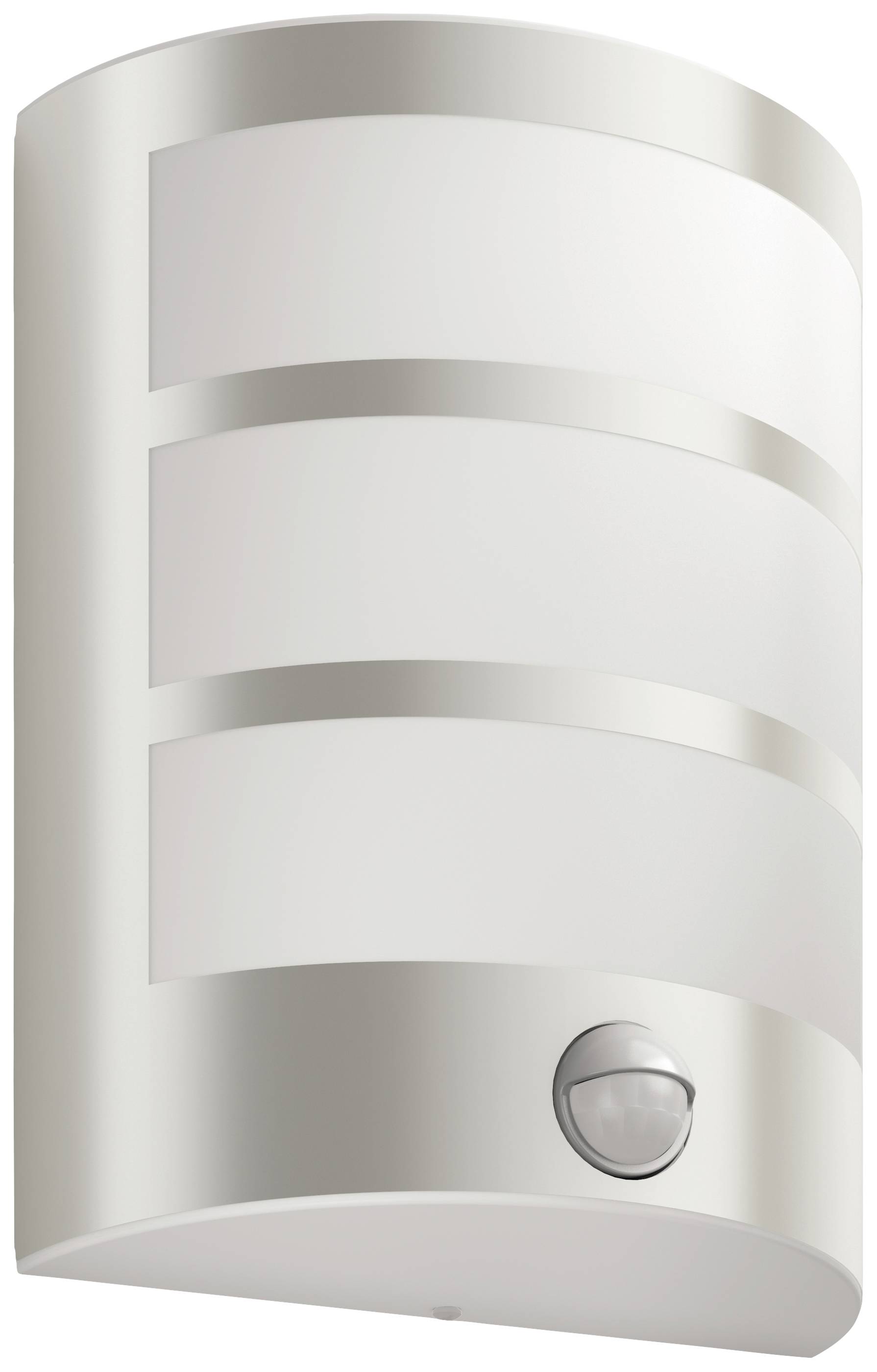 Applique murale au design moderne et incurvé en argent et blanc, équipée d'un capteur de mouvement situé sur le bord inférieur.