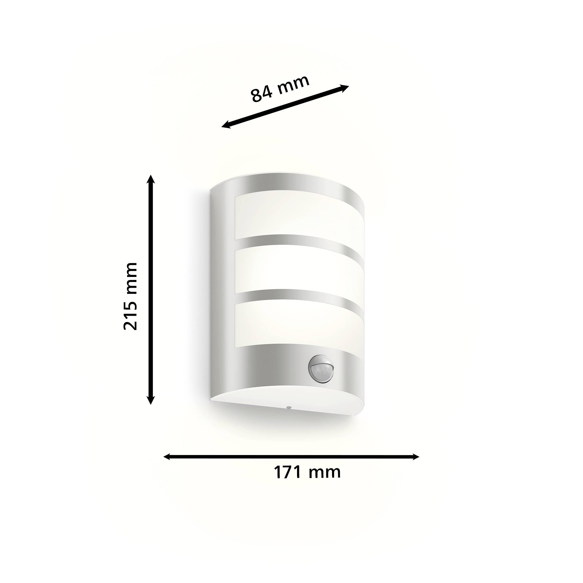 Applique murale à trois bandes lumineuses horizontales, aspect inox. Dimensions : hauteur 215 mm, largeur 171 mm, profondeur 84 mm.