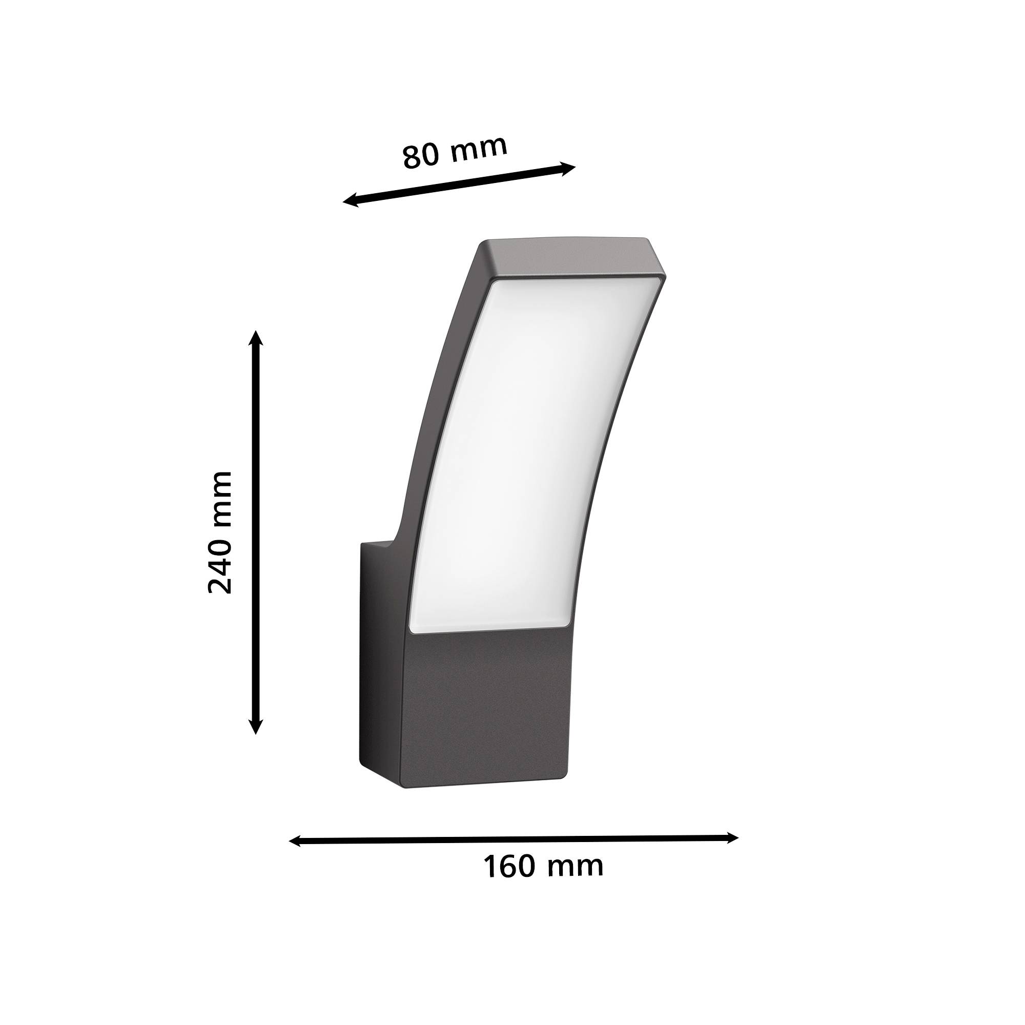 'Applique murale noire en acier inoxydable, hauteur 240 mm, largeur 160 mm, profondeur 80 mm.'