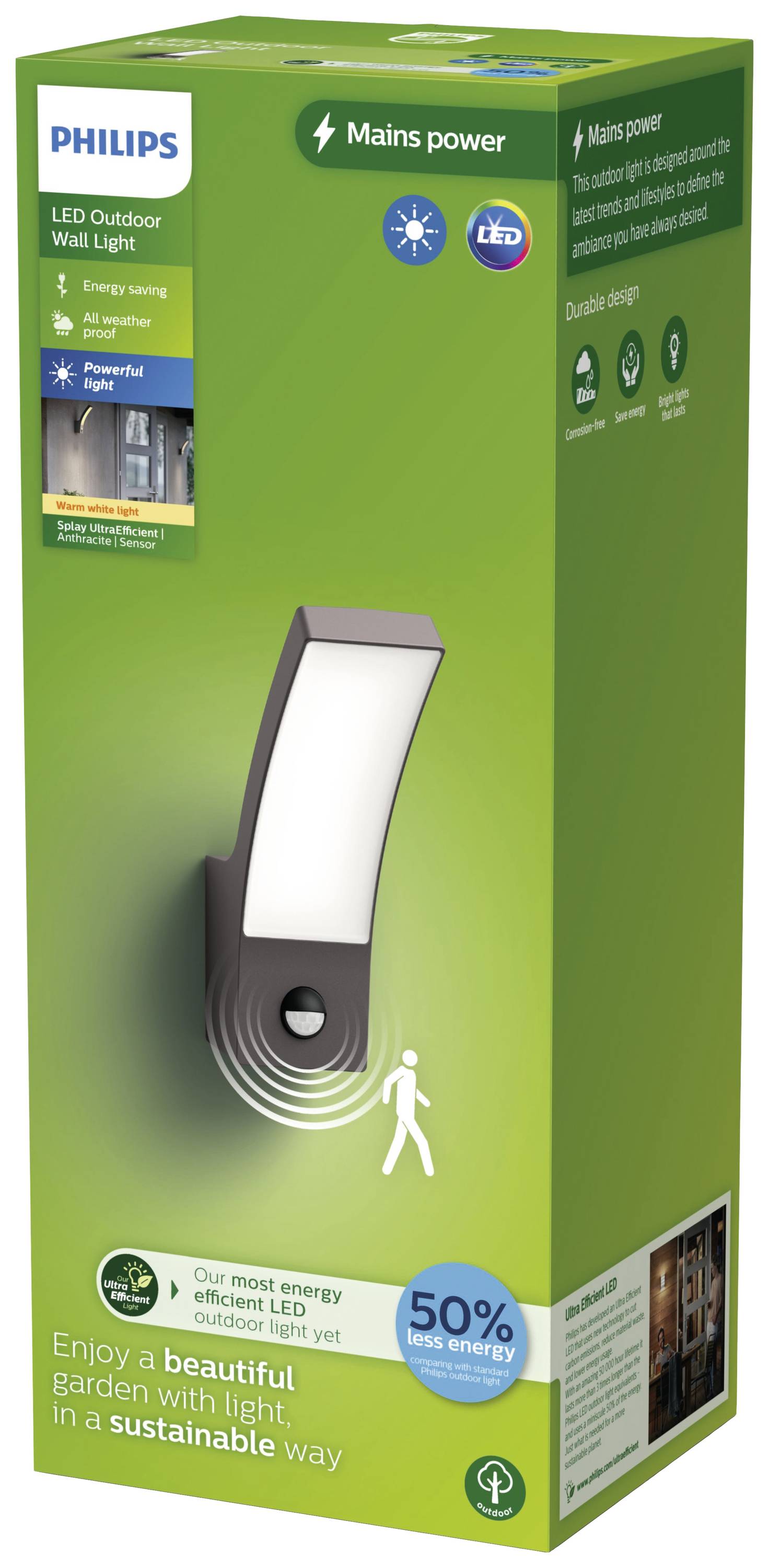Applique murale LED Philips, économe en énergie, avec détecteur de mouvement, 50% de consommation d'énergie en moins, adaptée à l'éclairage extérieur durable.