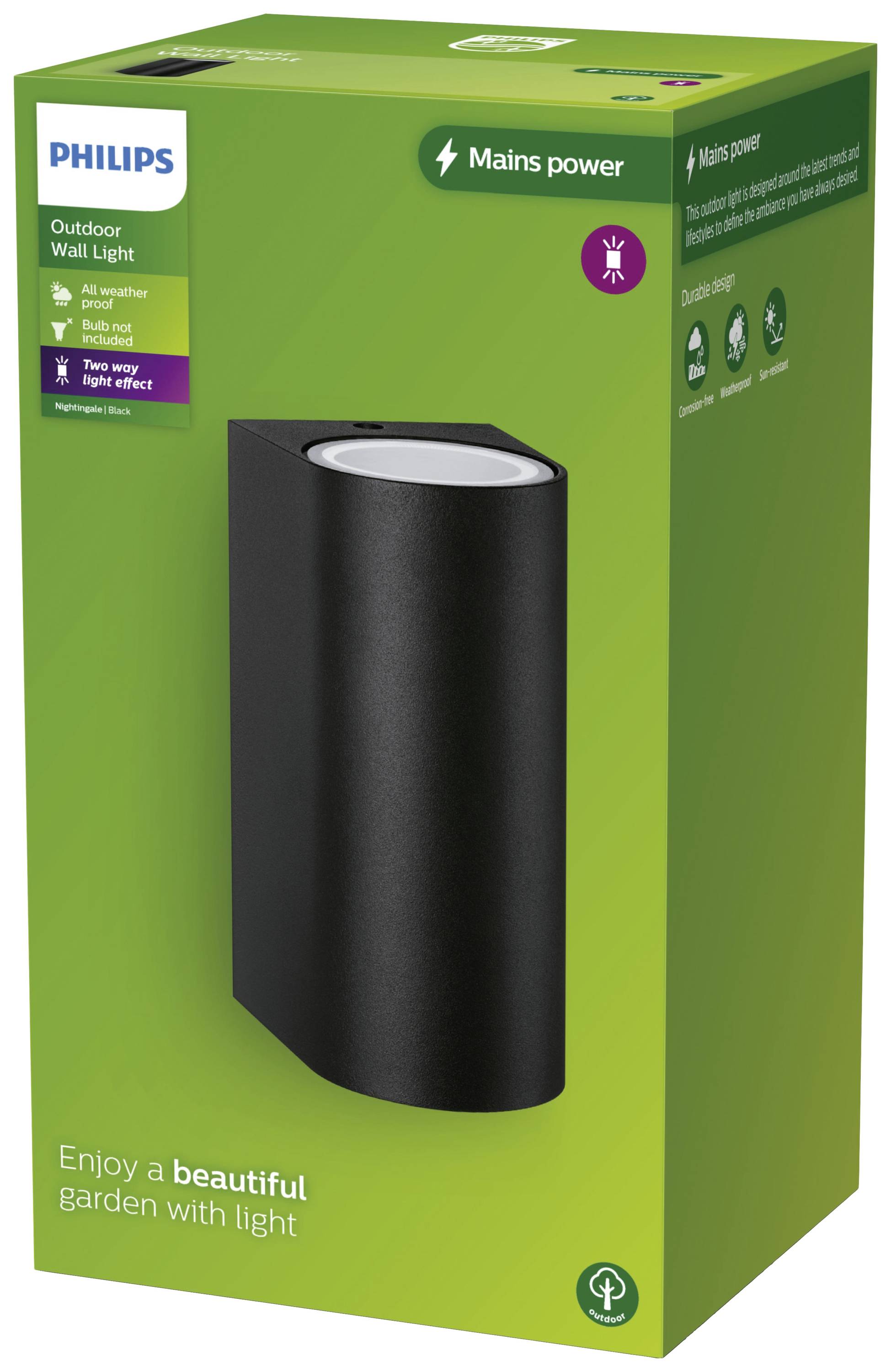 Applique murale Philips noire dans un carton vert. Texte : 'Profitez d'un beau jardin avec de la lumière.' Alimentée par le réseau électrique.