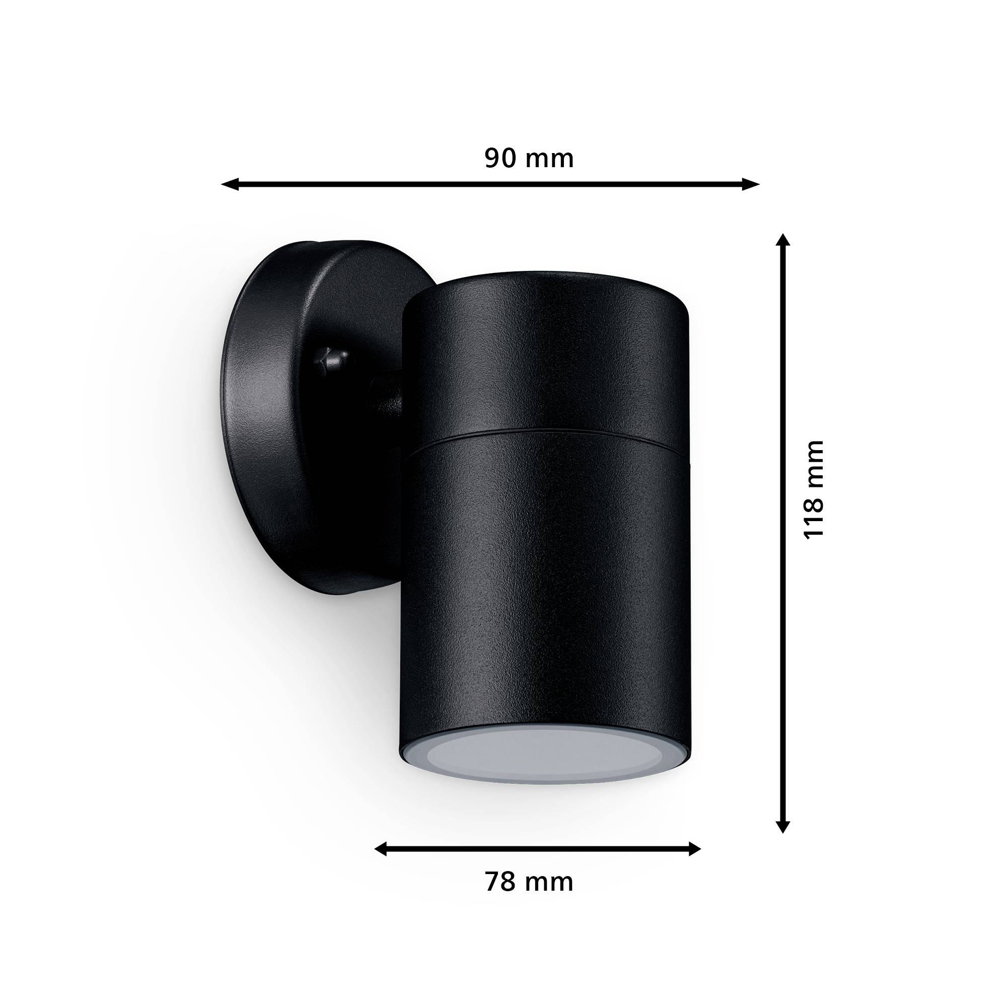 Applique murale cylindrique noire, montée sur support mural rond, avec les dimensions suivantes : 90 mm de largeur, 78 mm de profondeur et 118 mm de hauteur.