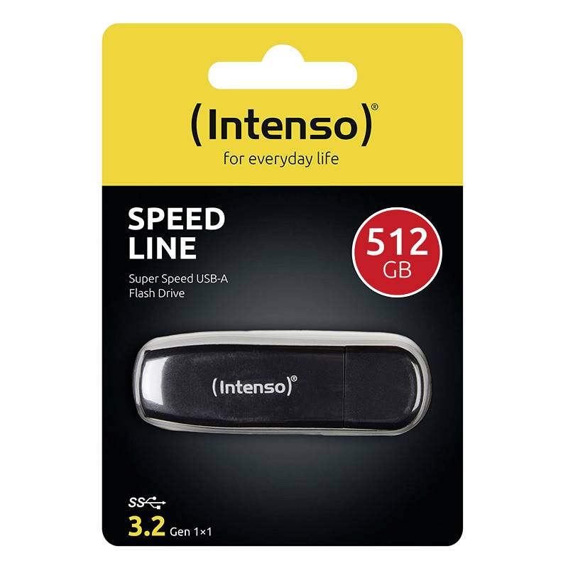 Clé USB 'Intenso Speed Line' de 512 Go. L'emballage présente la clé et met en avant le « Lecteur flash USB-A Super Speed ».