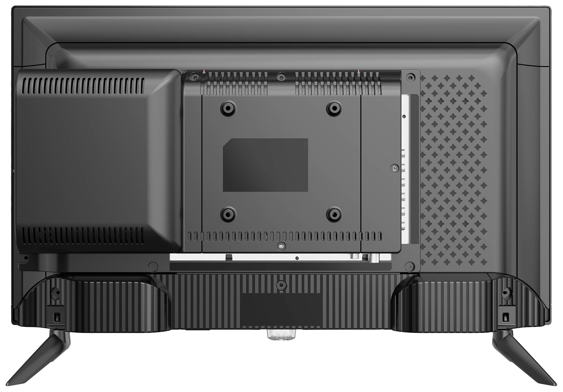 Arrière d'un téléviseur à écran plat avec un panneau amovible et des options de connexion, montrant des fentes de ventilation et des pieds de support.