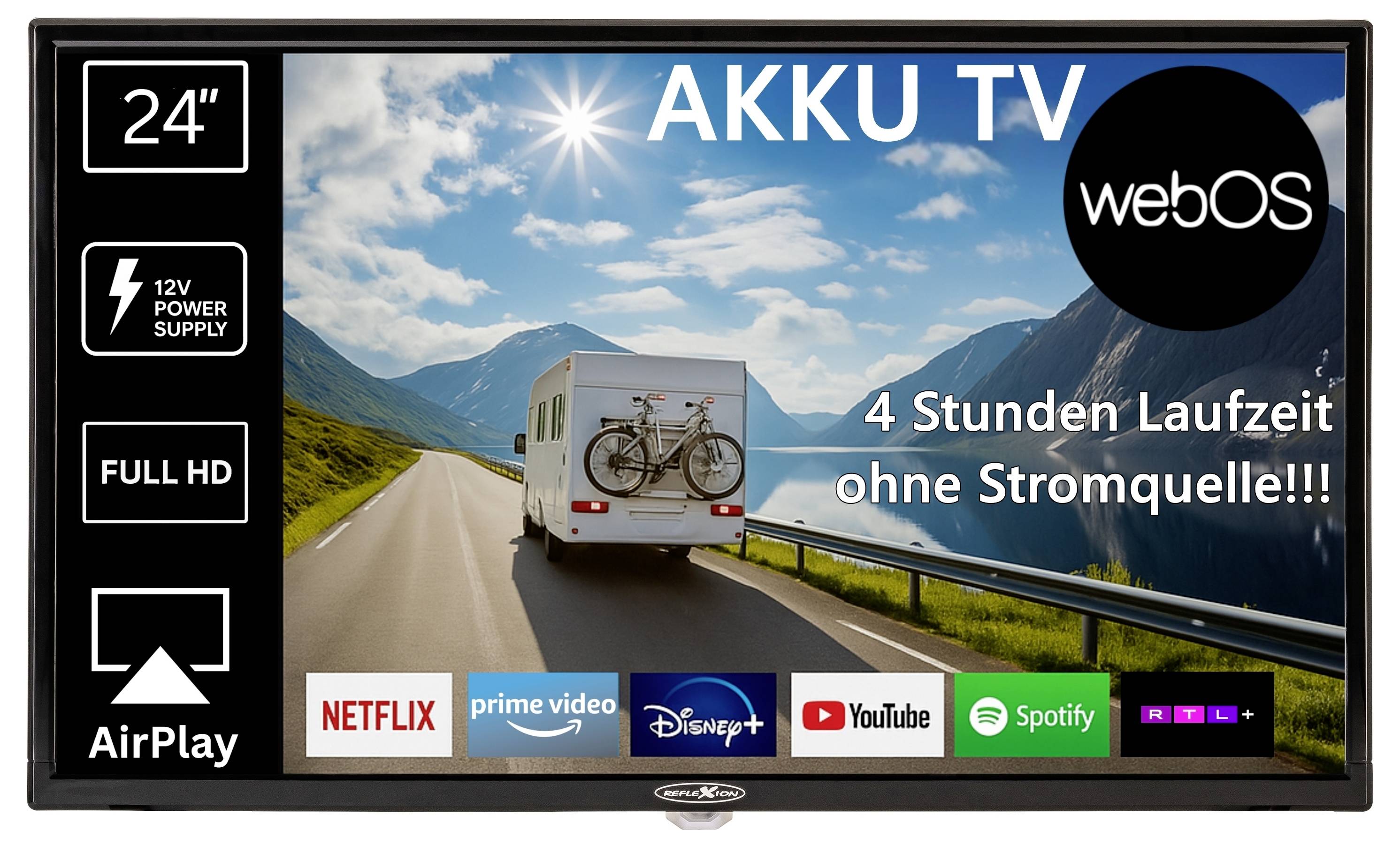 Publicité graphique pour TV AKU 24 pouces avec webOS : fonctionnement 12V, Full HD, AirPlay, 4 heures d'autonomie sans source d'alimentation ; applications de streaming affichées.