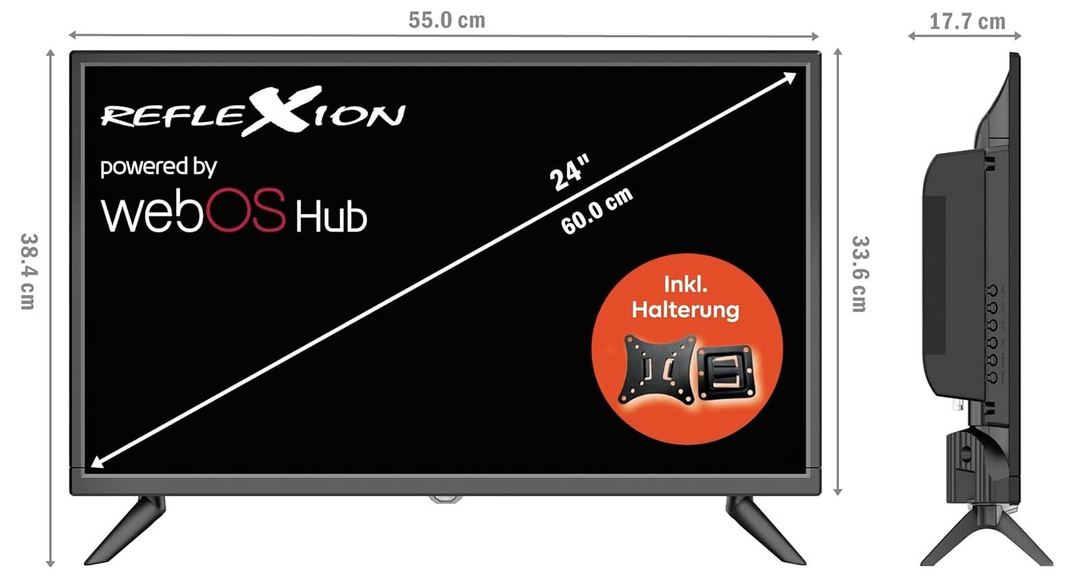 Image du produit d'un téléviseur REFLEXION 24 pouces avec webOS Hub, avec des dimensions de 55,0 cm de largeur, 38,4 cm de hauteur et 17,7 cm de profondeur ainsi qu'une notice de support mural « Support inclus ».