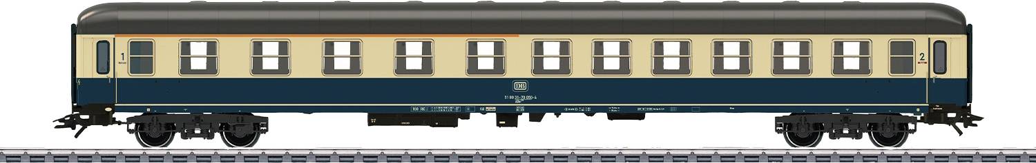 Un modèle d'un wagon ferroviaire historique, beige et bleu avec une ligne orange, posé sur un rail.