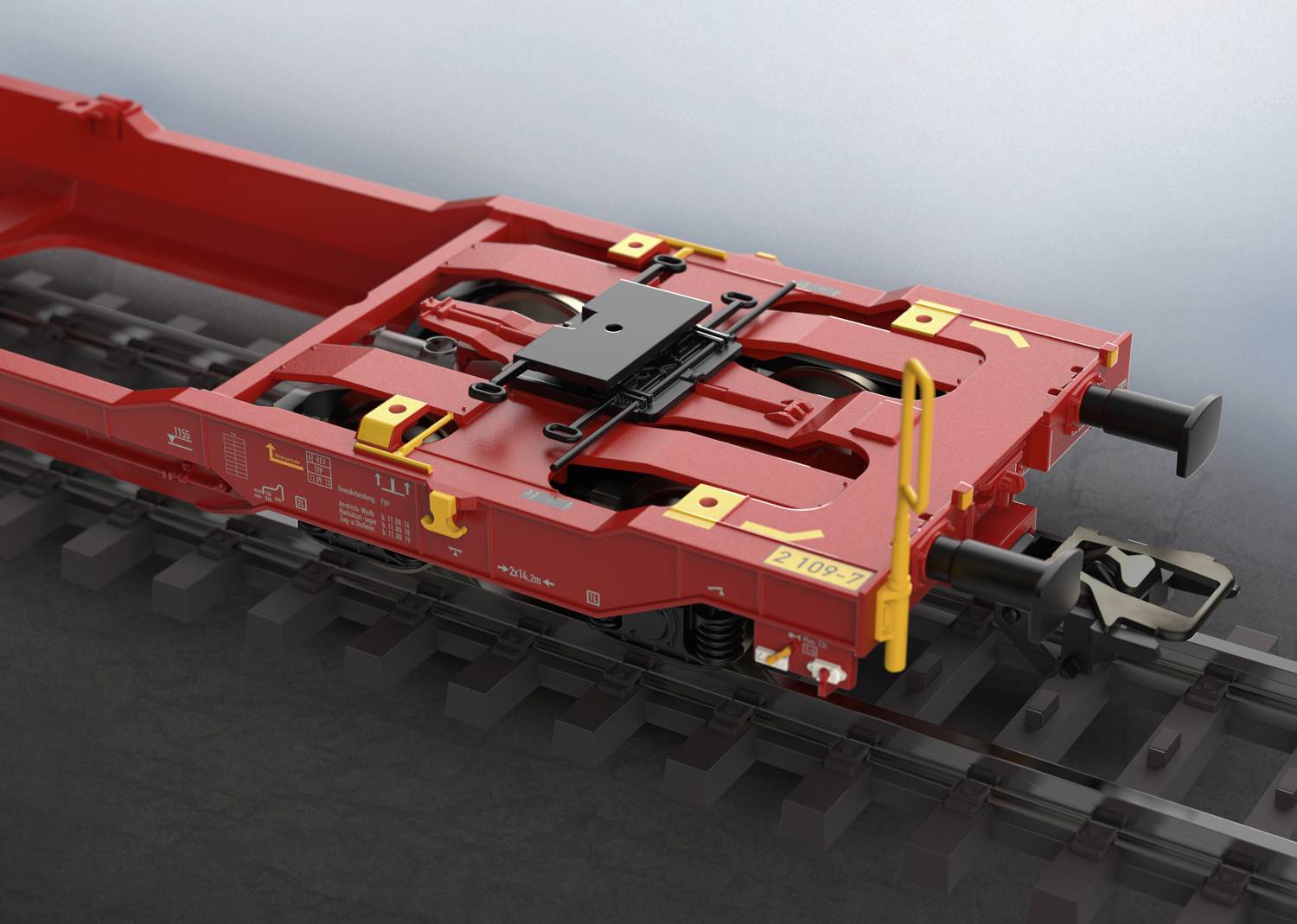 Châssis de wagon de chemin de fer rouge-orange, spécialement conçu pour le transport sécurisé de conteneurs sur rails, représenté sur des voies ferrées.