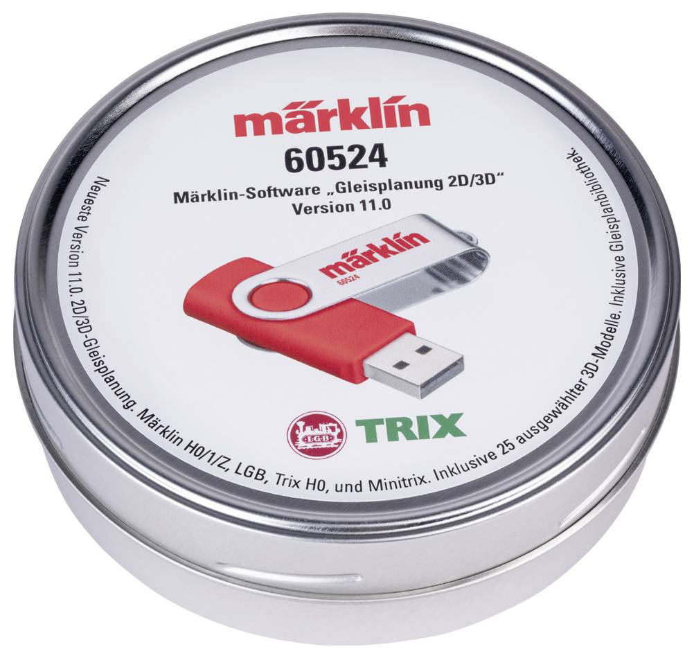 Boîte métallique ronde imprimée 'märklin 60524', contenant un logiciel de planification de voies 2D/3D et une clé USB avec le logo Märklin.