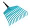 Un râteau à feuilles bleu avec un manche noir. Les dents sont réparties uniformément et conviennent aux travaux de jardinage.