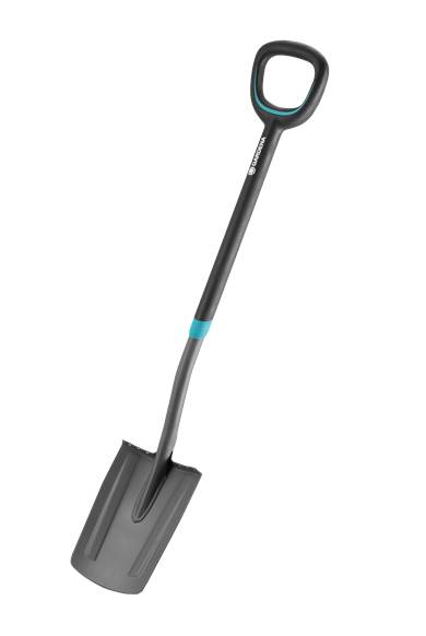 Une pelle de jardin noire avec poignée en D et une pelle métallique, adaptée pour creuser dans la terre ou le sable.