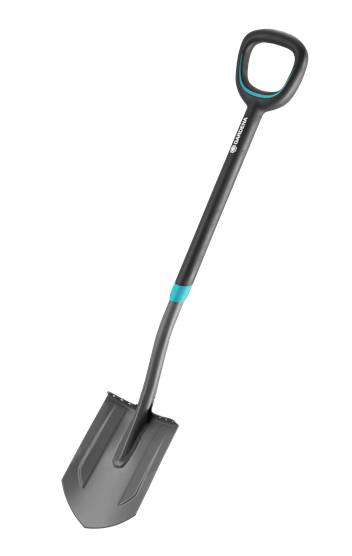 Une pelle noire avec une zone de manche bleue, adaptée aux travaux de jardinage.