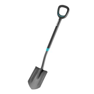 Une pelle noire avec une zone de manche bleue, adaptée aux travaux de jardinage.